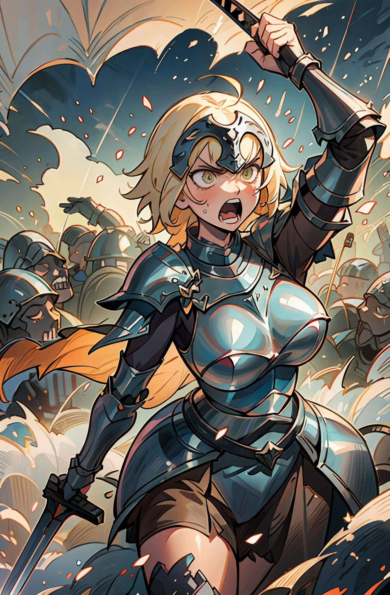 Jeanne D'arc Alter, Fate, Jeanne D'arc Alter with a black sword in her hand raised upwards on a battlefield, 8k, japanese anime style high resolution, perfect hand, perfect eye, detailed eye, detailed hand, armor, raised hand, screaming, angry expression, 2D illustration , blonde hair, midday sunlight, destruction, medieval battle in the background