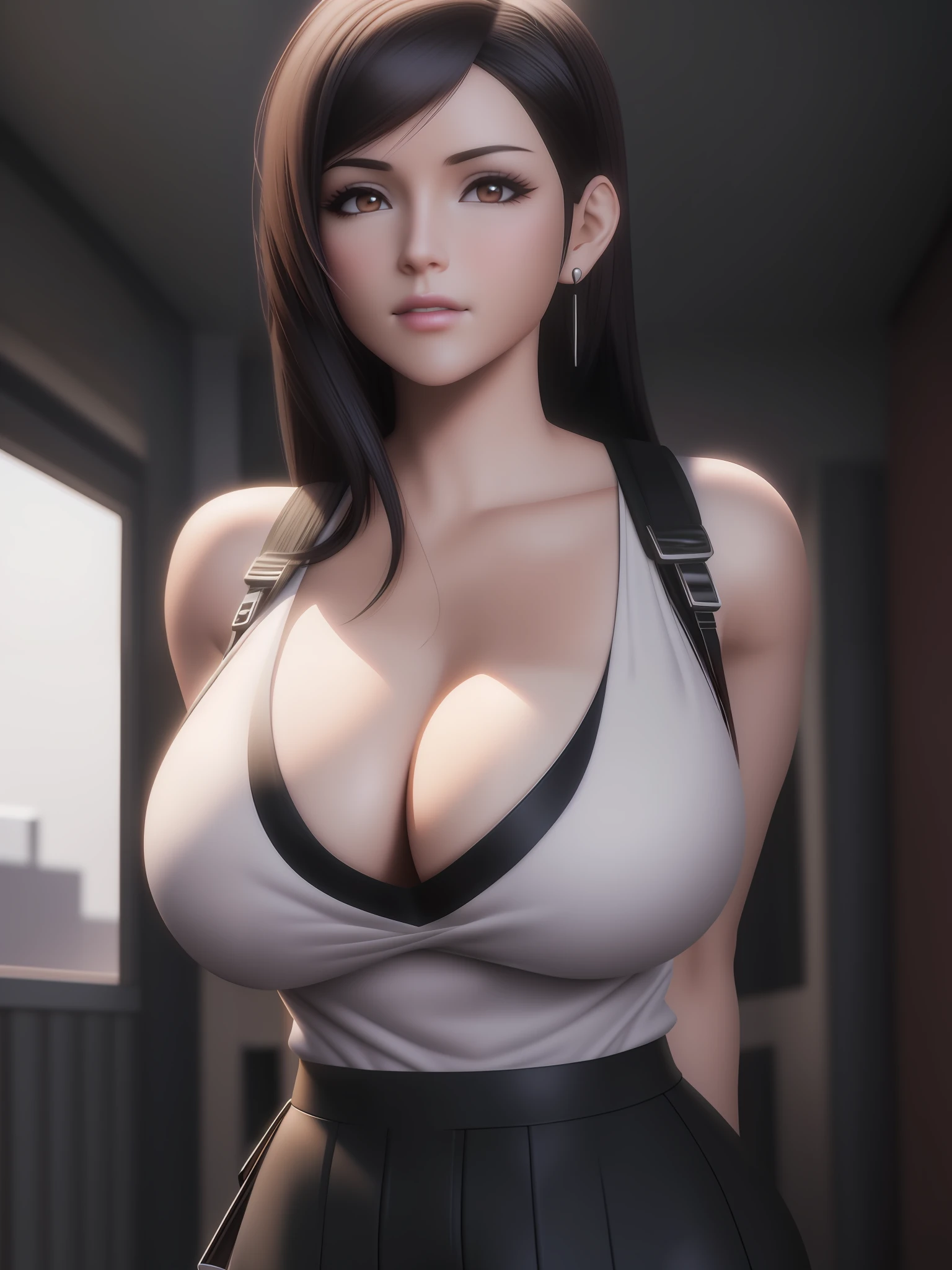 Un primer plano de una mujer con un pecho grande posando para una foto, seductor retrato de Tifa Lockhart, Tifa Lockhart, Retrato de Tifa Lockhart, Render fotorrealista de Anime Girl, Anime 3D realista, Cuerpo perfecto sombreado realista, Tifa, Estilo realista de anime 3D, Anime hiperrealista, Tifa Lockheart, Cuerpo perfecto fotorrealista, Imagen ultra realista