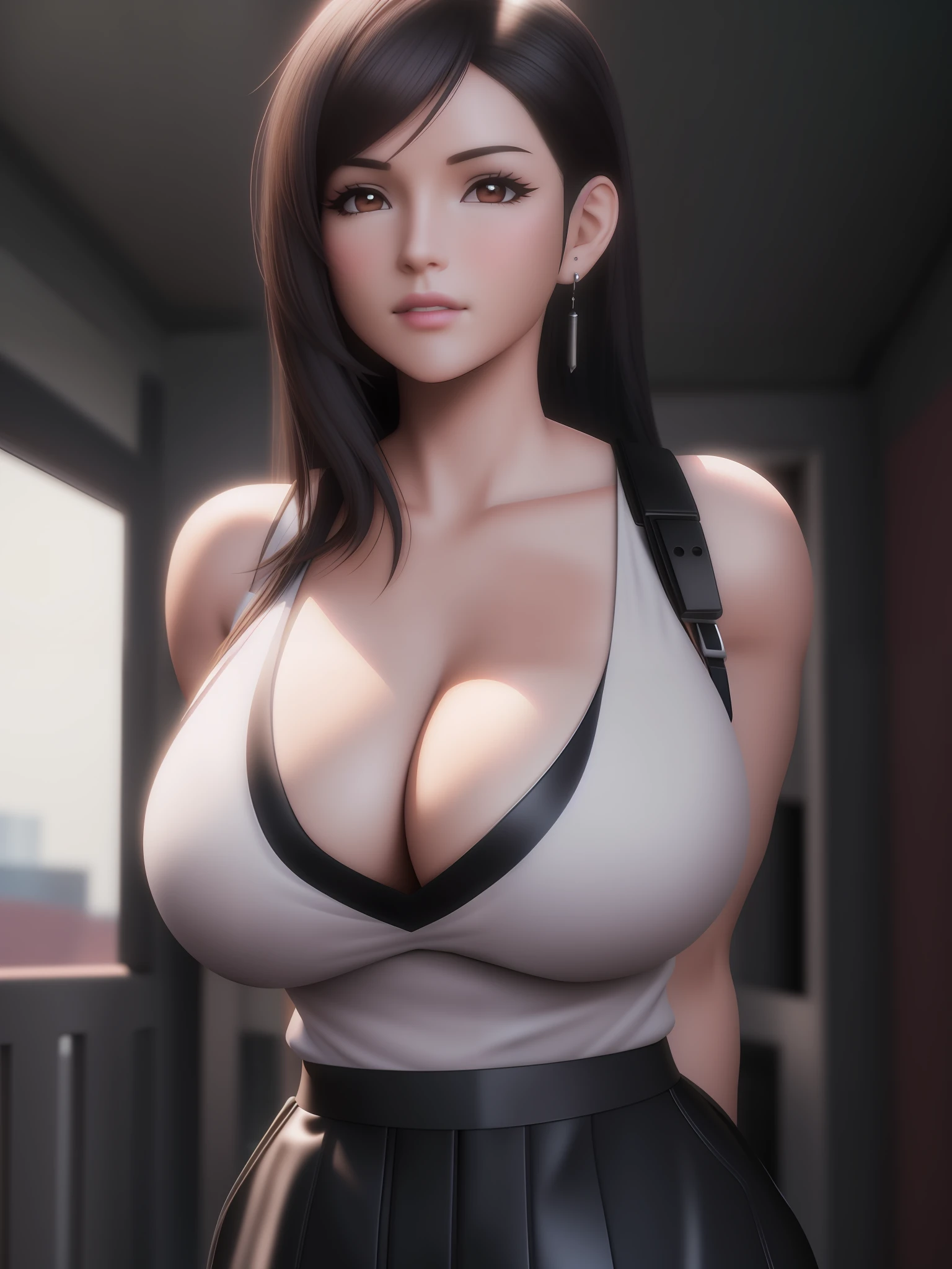 Un primer plano de una mujer con un pecho grande posando para una foto, seductor retrato de Tifa Lockhart, Tifa Lockhart, Retrato de Tifa Lockhart, Render fotorrealista de Anime Girl, Anime 3D realista, Cuerpo perfecto sombreado realista, Tifa, Estilo realista de anime 3D, Anime hiperrealista, Tifa Lockheart, Cuerpo perfecto fotorrealista, Imagen ultra realista