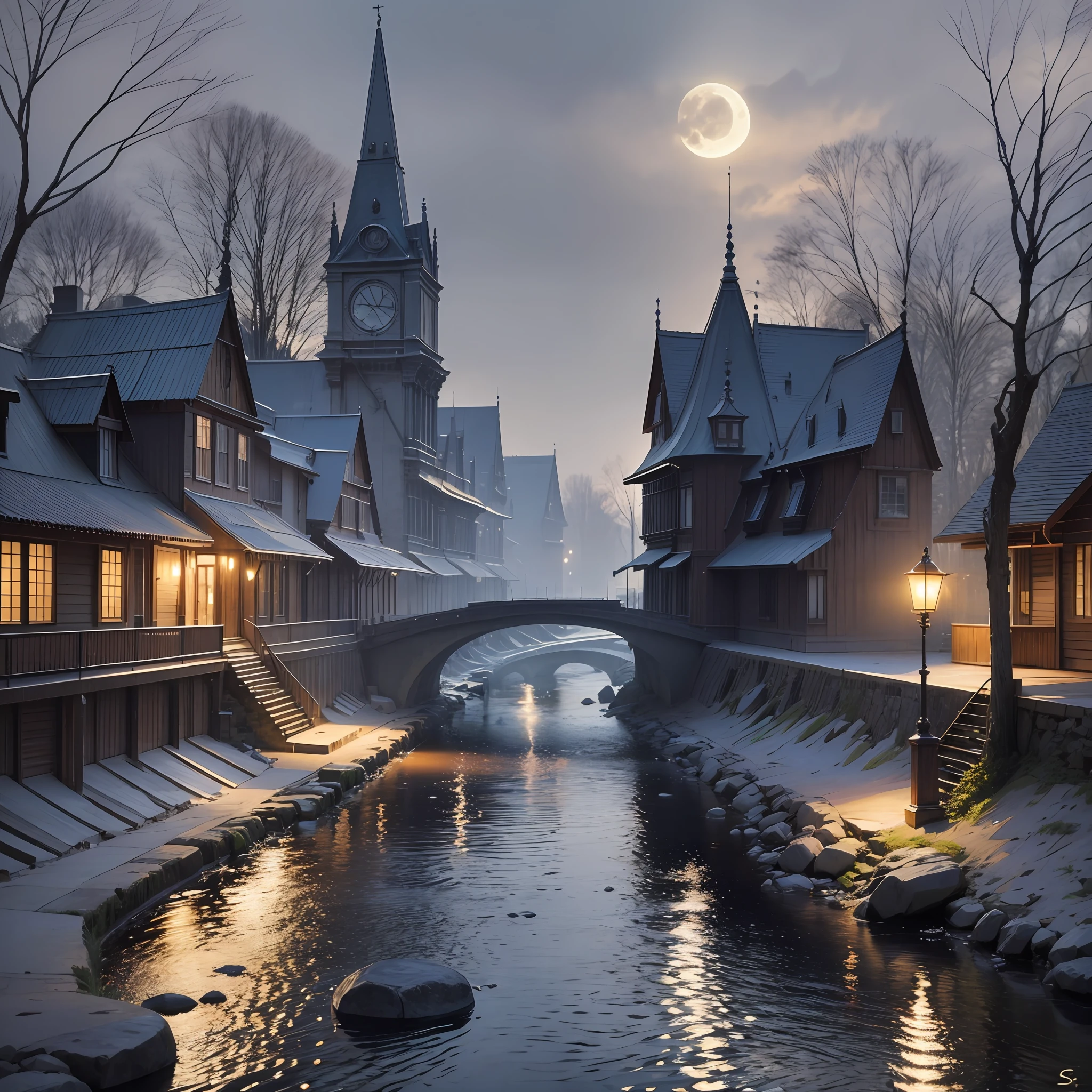 twinkling lights all around, fantasy landscape with river and moon, photorealistic, hyperrealism, vibrant, magical --auto --s2