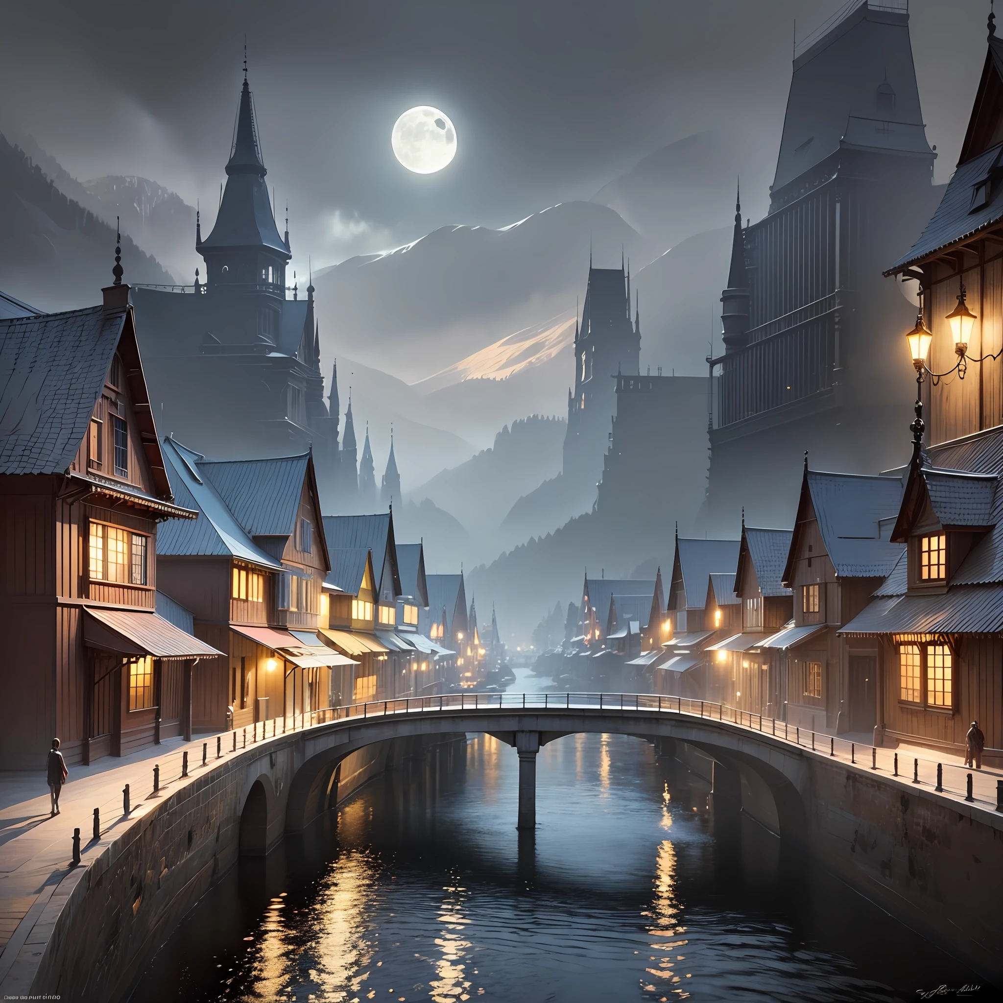 twinkling lights all around, fantasy landscape with river and moon, photorealistic, hyperrealism, vibrant, magical --auto --s2