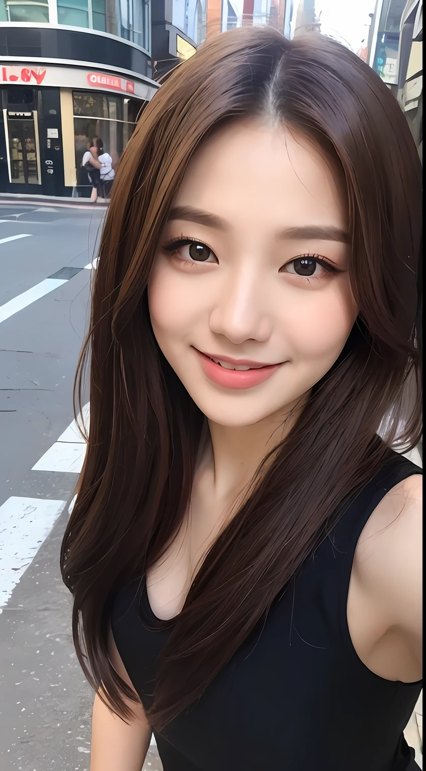 ((Best quality, 8k, Masterpiece :1.3)), 1girl, smiling, full body, slim face, Pretty woman, (Dark brown hair), full length dress :1.1, Ultra-detailed face, Detailed eyes, Double eyelid, blur background, slim face, city, outside, street,