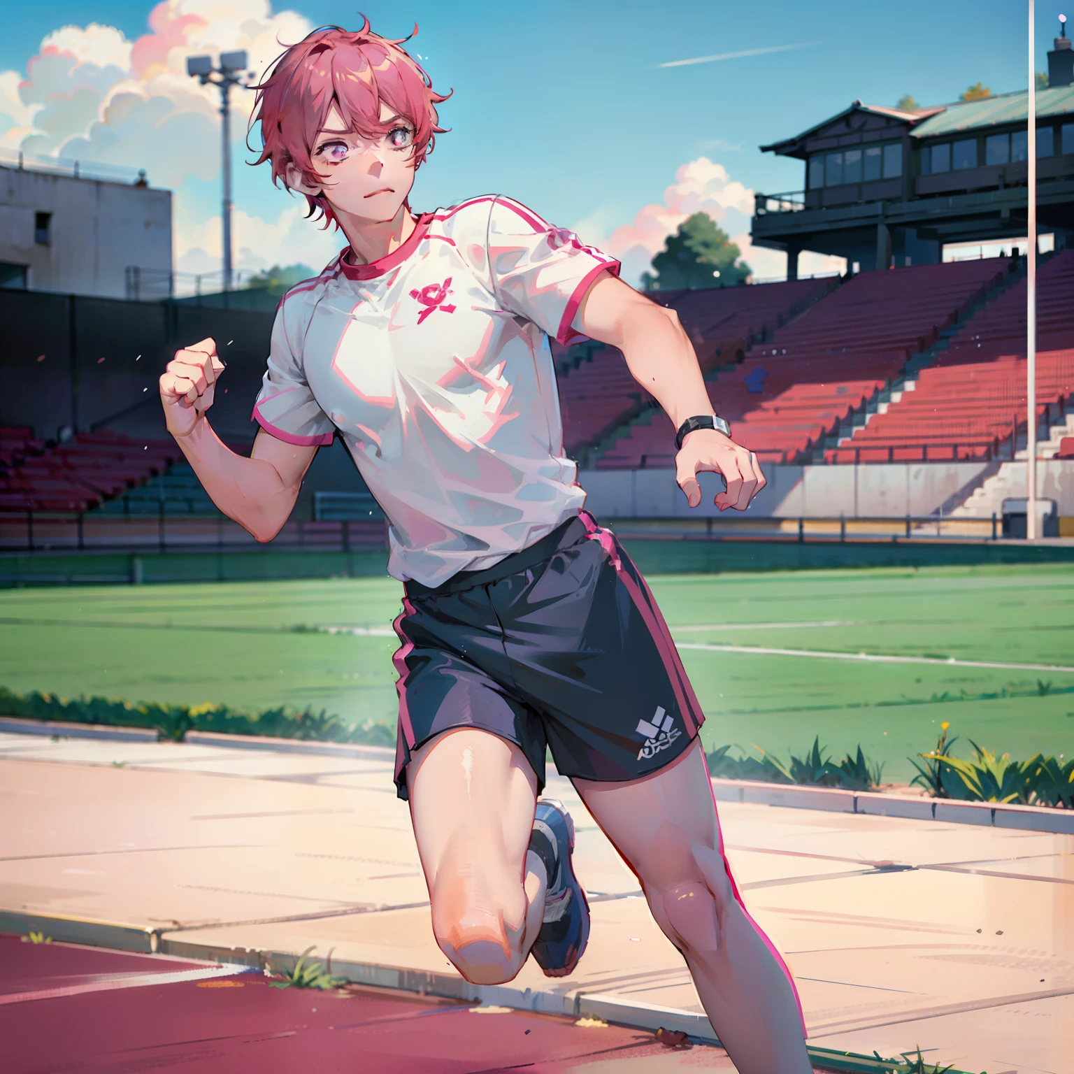 An energetic teenager，Ruddy skin，white complexion，Pink hair，Wear shorts sportswear，Short white top，Run on the track，The background is blurred out，Handsome and cute，boy，Staggered bangs，Natural volumes，voluminous hair，style of anime