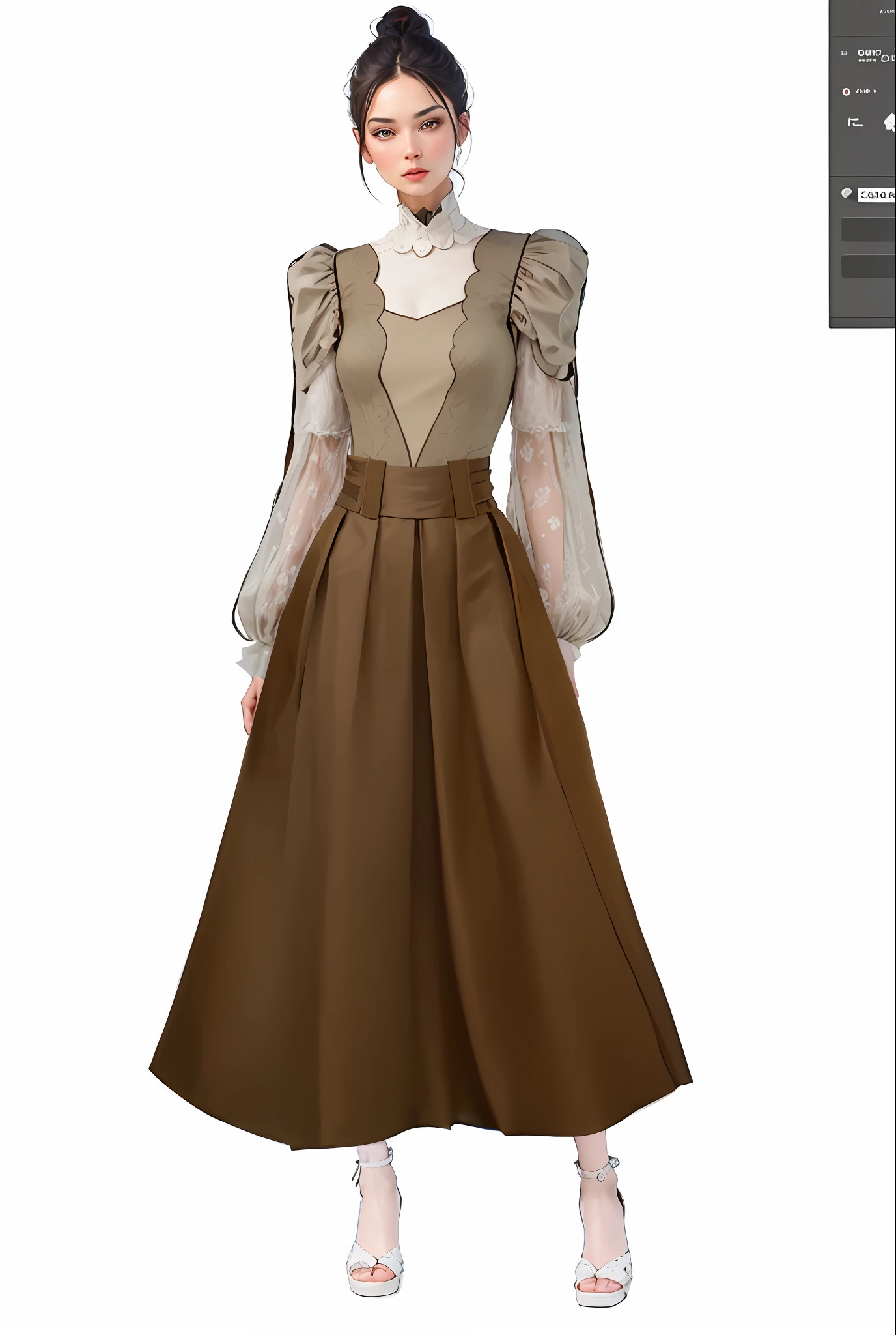 A woman in a brown dress and brown blouse, Women's long skirt, digital art of an elegant, clothing design, dressed in long fluent skirt, in detailed steampunk dress, rendering, victorian inspired clothing, frock, long dress with apron, Puff sleeves, art nouveau dress, modest flowing gown, detailed fashion illustration, Full body view, intricate hakama, Victorian dress ---IW2