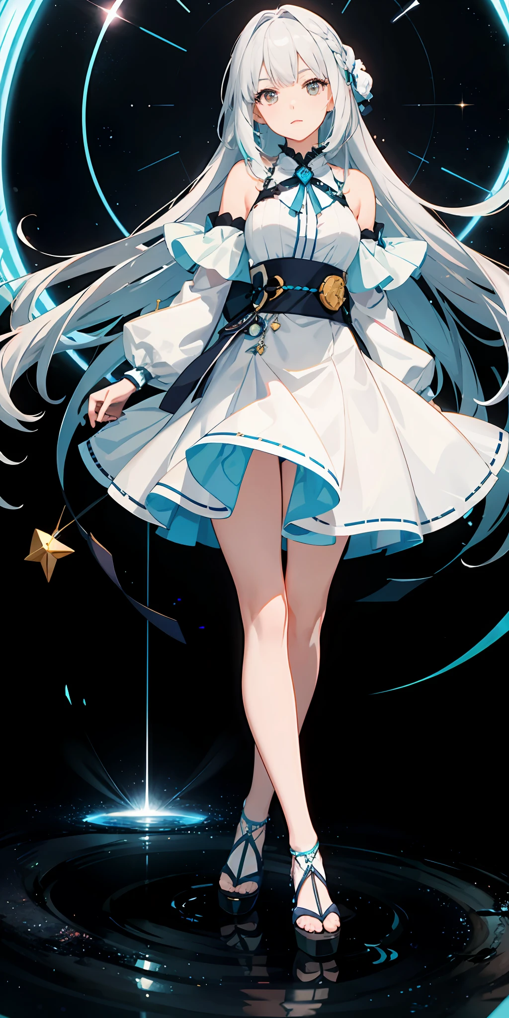 extremely delicate and beautiful girls, a extremely delicate and beautiful girl, Kyoto animation style, anime screencap, animated, look_up_to, head_tilt, very long hair, white hair, Iridescence and rainbow hair, Authentic and detailed face, white eyes, white_dress, aqua Clothes, sparkle, bright and fine Black-Hole Accretion Disk, surreal, extremely detailed CG unity 8k wallpaper, Very detailed CG unified 8k wallpaper, very precise detailed,