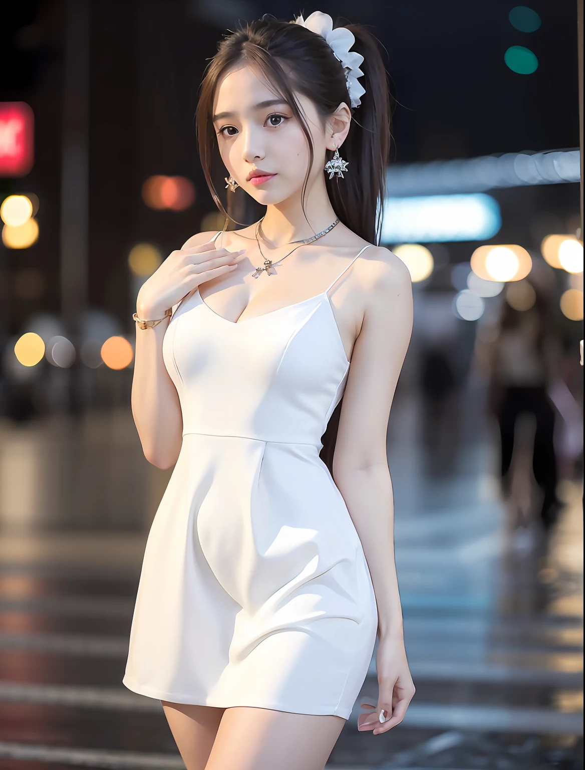 Casual posture, (extremely exquisite and beautiful work), (masterpiece), 1 girl, white dress, high detail, lumbago, twisted ponytail, feminine expression, clear and beautiful eyes, turquoise eyes, exquisite necklaces, exquisite earrings, fairy ears, simple blurred background, extreme detail, beautiful figure, exquisite collarbone, lovely lips, beautiful breasts, soft back, mix4, (8k, RAW photo, best quality, 1.2)), (realism, realism: 1.37 ), 1 girl, cute, cityscape, night, rain, wet, professional lighting, photon mapping, radiosity, physically-based rendering,