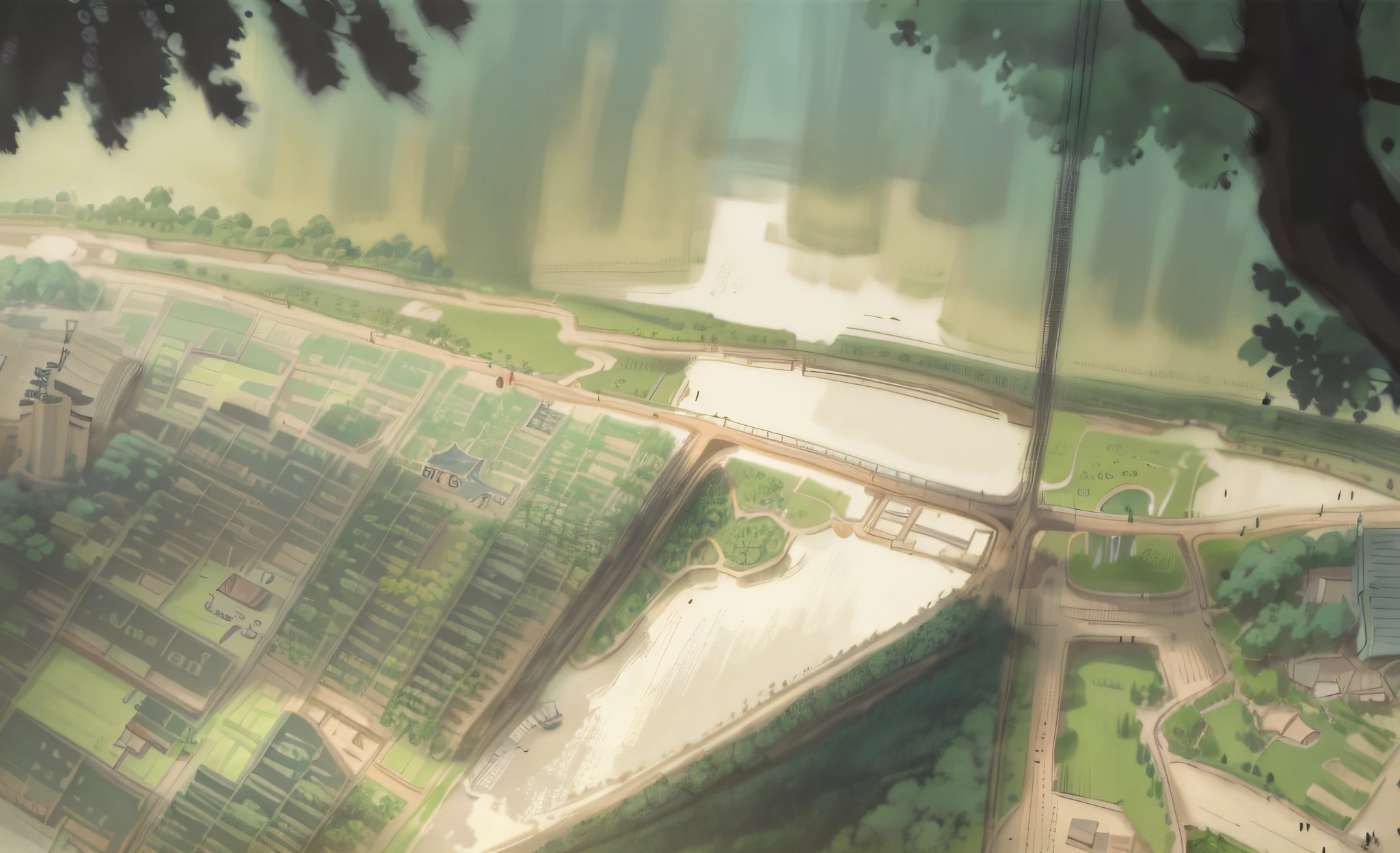 Chinese style illustration,(Illustrations),Floor plan of a park,There are a lot of trees and buildings in the background, Lake,Bridges,(Extremely detailed Cg Unity 8K wallpaper),(Masterpiece),(Best quality),(Ultra-detailed),(Best Illustration),(Best shadow), shuimobysim
