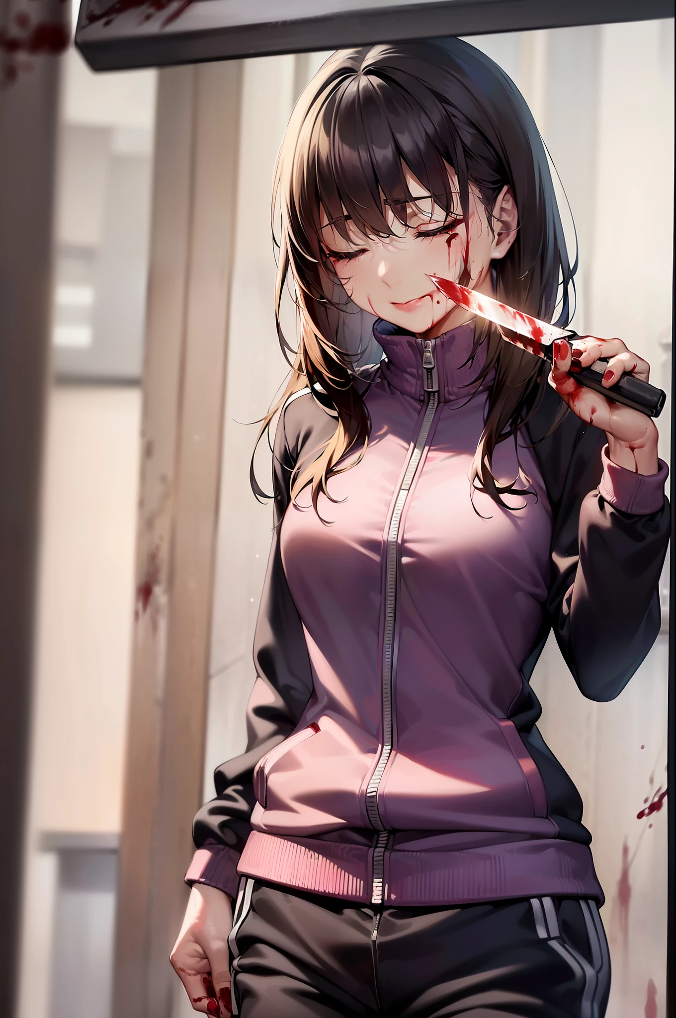 (dark shot:1.1), (hdr:1.4), (pastel colour:1.2), ultra - detailed, Cinematic, warm lights, Dramaticlight, (Intricate details:1.1), the complex background, solo,(A woman laughed,With his eyes closed,Covered in blood,Wearing track suit,With a knife in his hand:1.4)