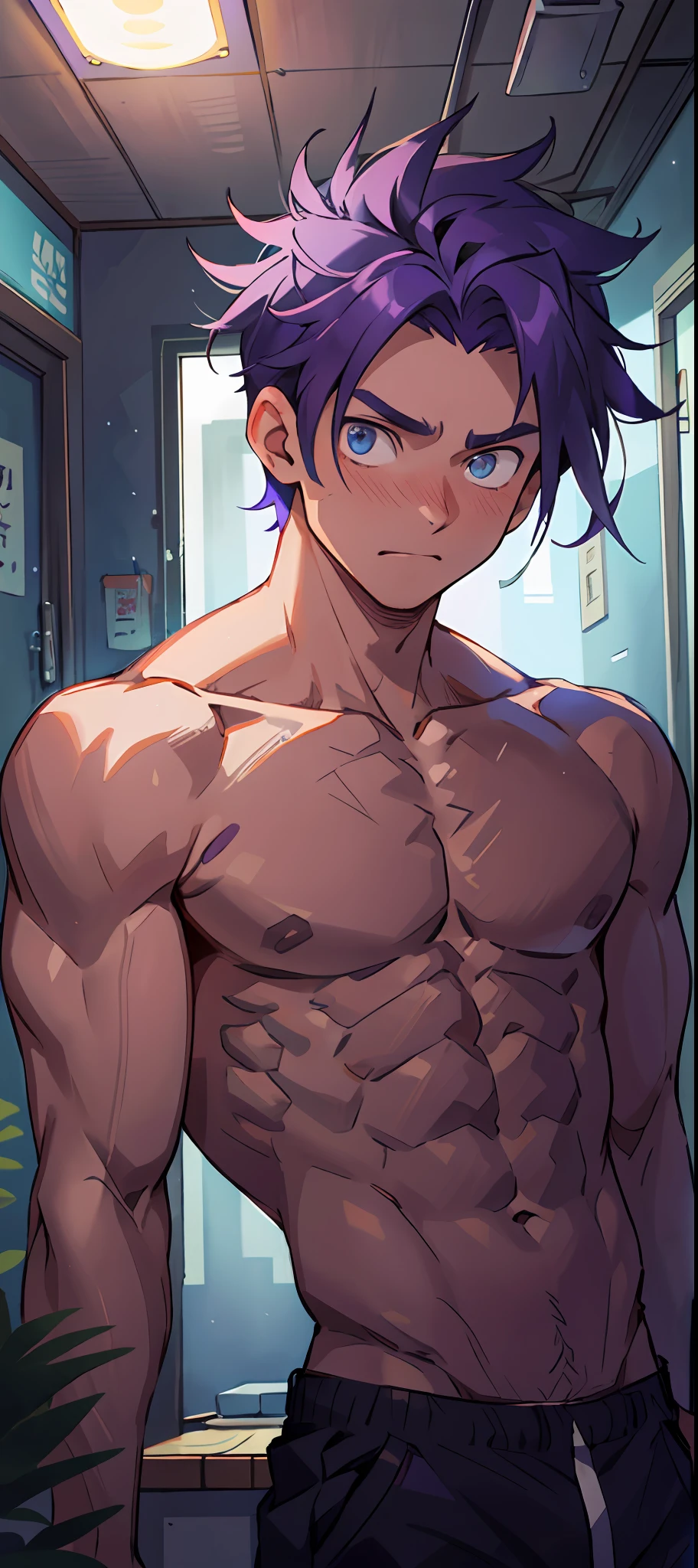 （tmasterpiece，Best quality at best，absurd res），1人，Naked boys，is shy，Be red in the face，Shy，musculous，Detailed eyes，nakeness，(nakeness)，eBlue eyes，Bare topless，Upper body body，short blue-purple hair，（fluorescent light），（a color），（（abstract backgrounds））