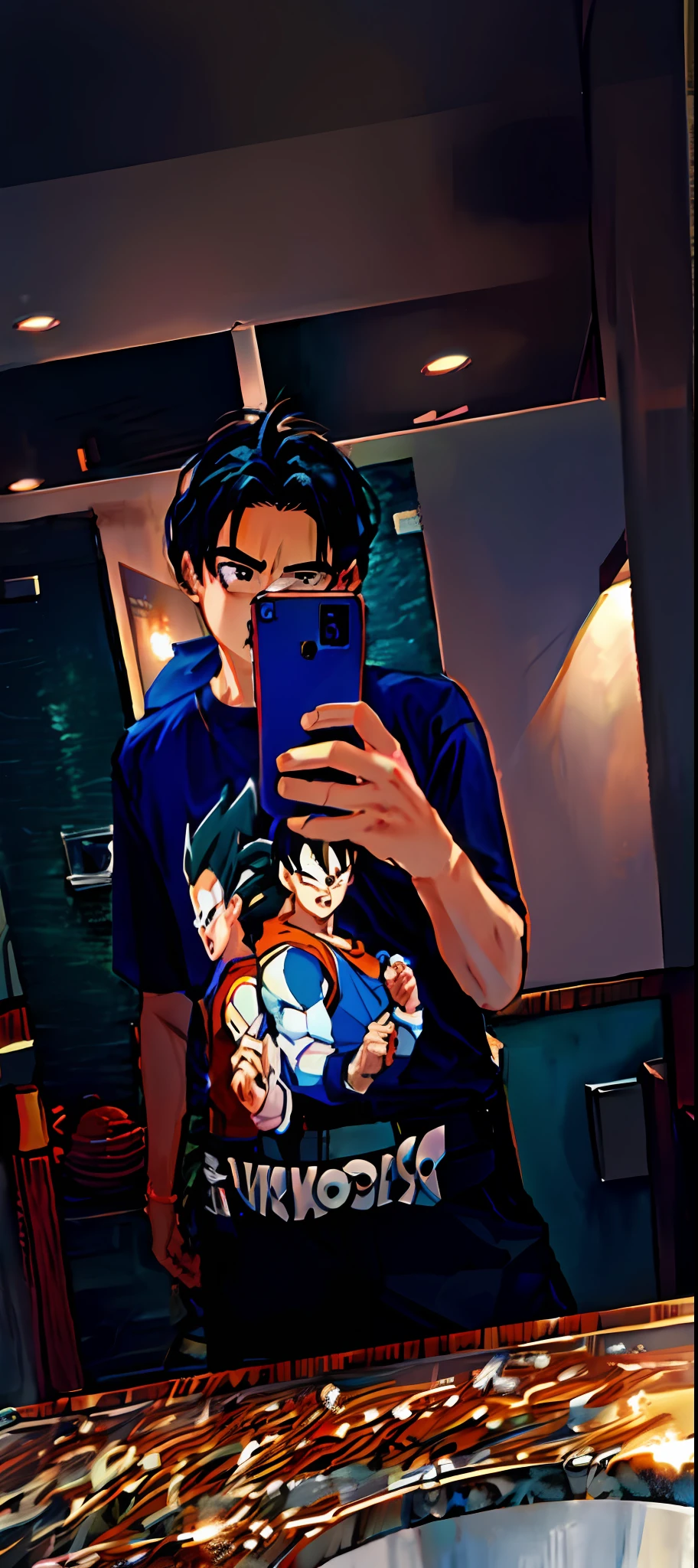 there is a man taking a selfie in a bathroom mirror, Estilo Akira Toriyama, Goku na vida real, Akira Toriyama 📹, Goku Humano, inspirado em Akira Toriyama, imagem de qualidade muito baixa, Filho Goku, apenas estilo anime, Personagem Dragonball, Dragon ball style, Akira Toriyama, 9 0 s estilo anime