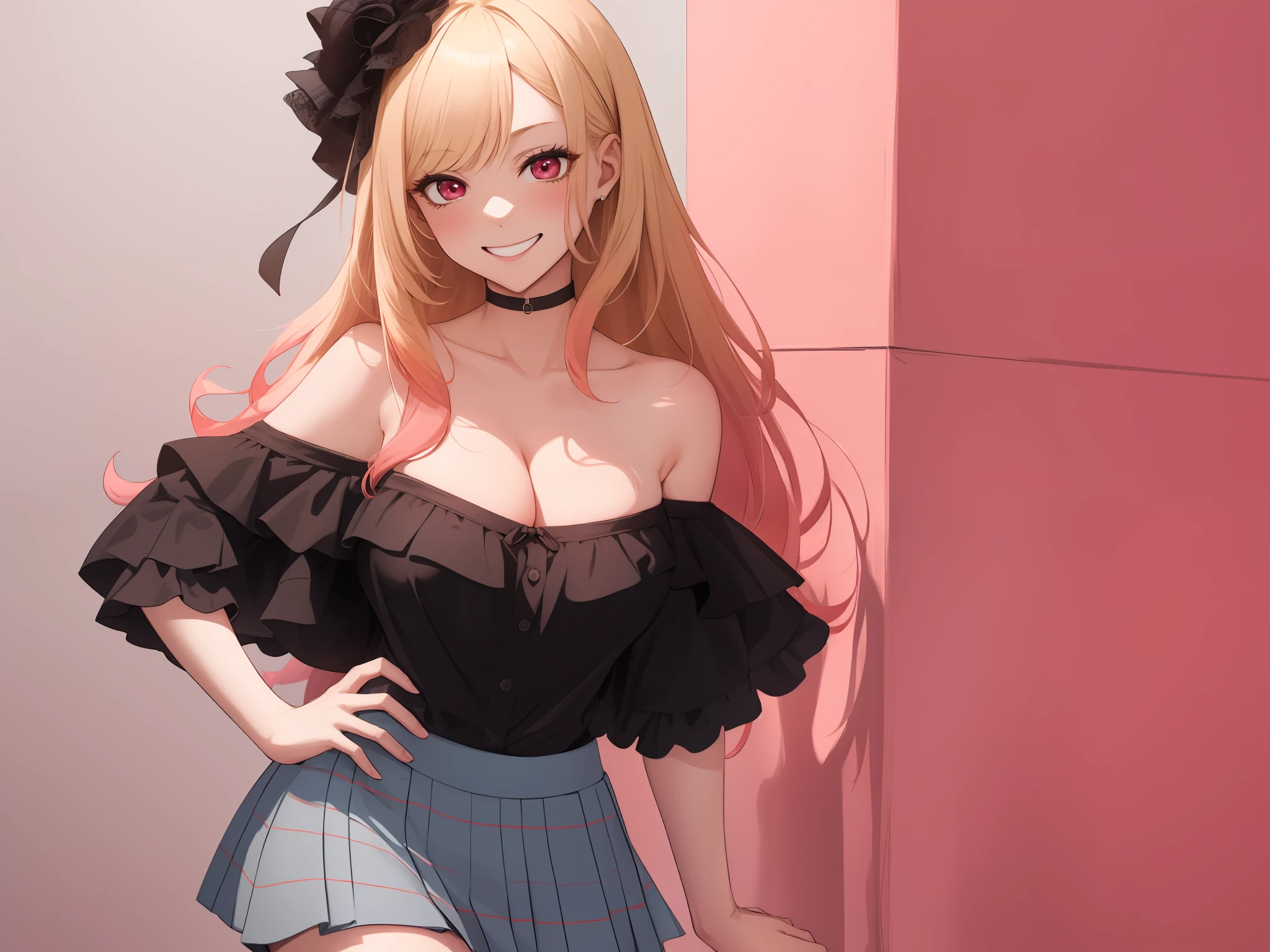 masutepiece, 1womanl, ((Solo)), of the highest quality, Hi-Res, cleavage, ((Pink Off Shoulder)), (Black short skirt), Large breasts, Red Eyes, a blond, simple background, ssmile
