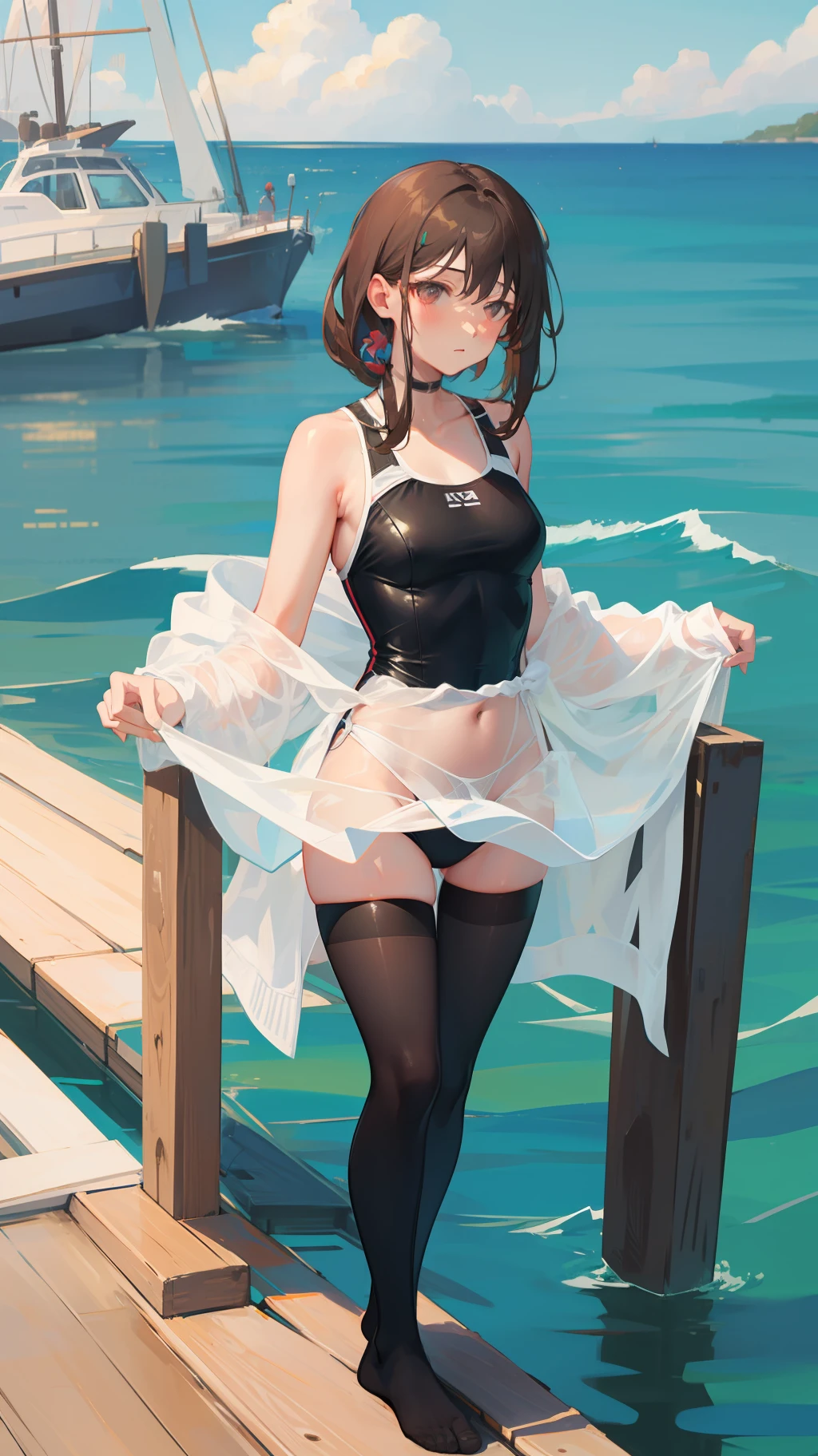 Brown hair long,Black eyes,black bathing suit,black pantyhoses,without wearing shoes,standing on the sea side,full bodyesbian