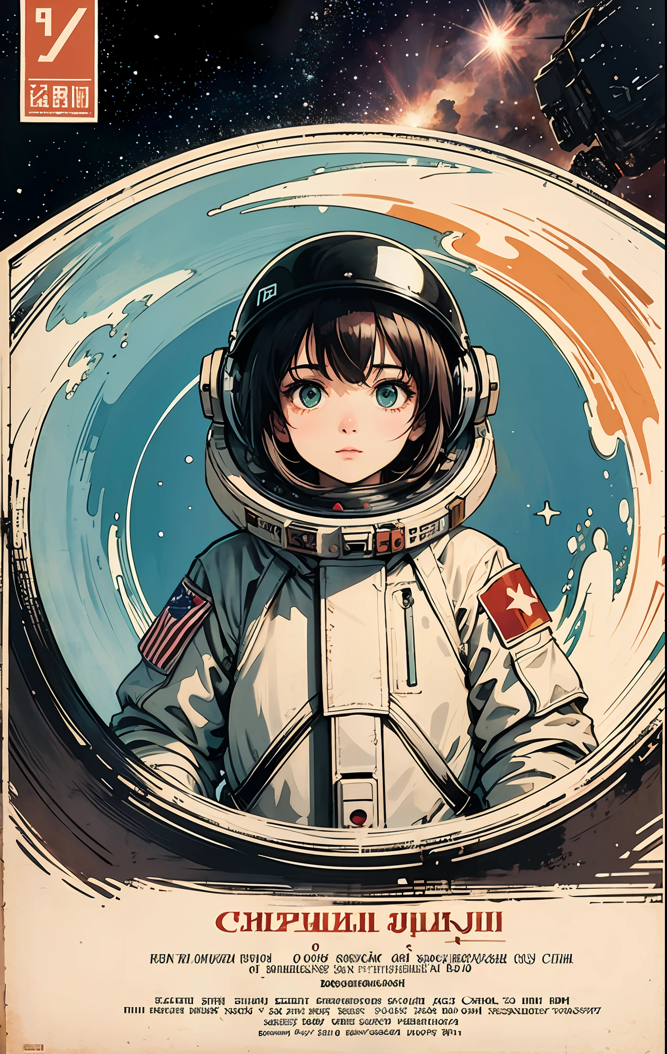 1girl, Gorgeous green eyes and details, shiny hair, Black hair, hair between the eyes, straight,  Centered in the middle of the screen, looking up  flat, cccp poster, On a coffee-colored sheet, style old news, soviet poster, Adolescent, USSR style,  In outer space, star sea, the letters CCCP in red on the top of the helmet, weightlessness, side light, reflection, reflected sunlight, space suit