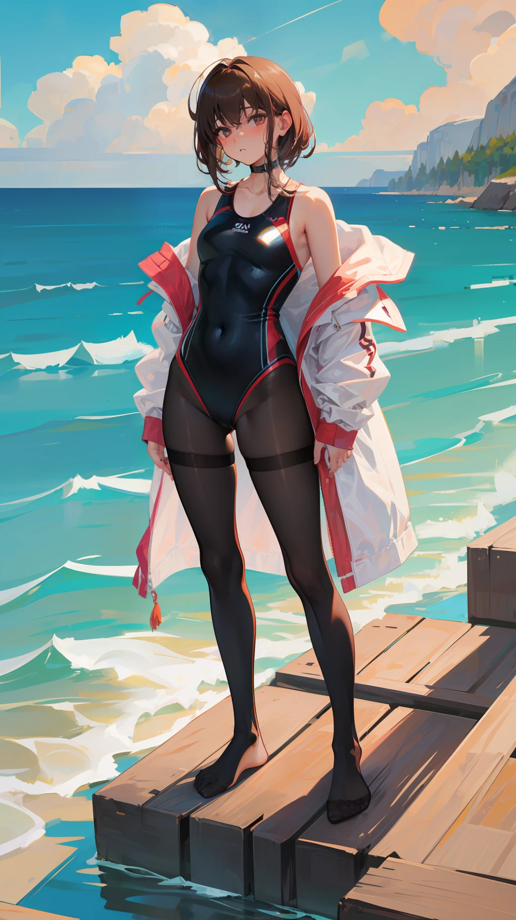 Brown hair long,Black eyes,black bathing suit,black pantyhoses,without wearing shoes,standing on the sea side,full bodyesbian