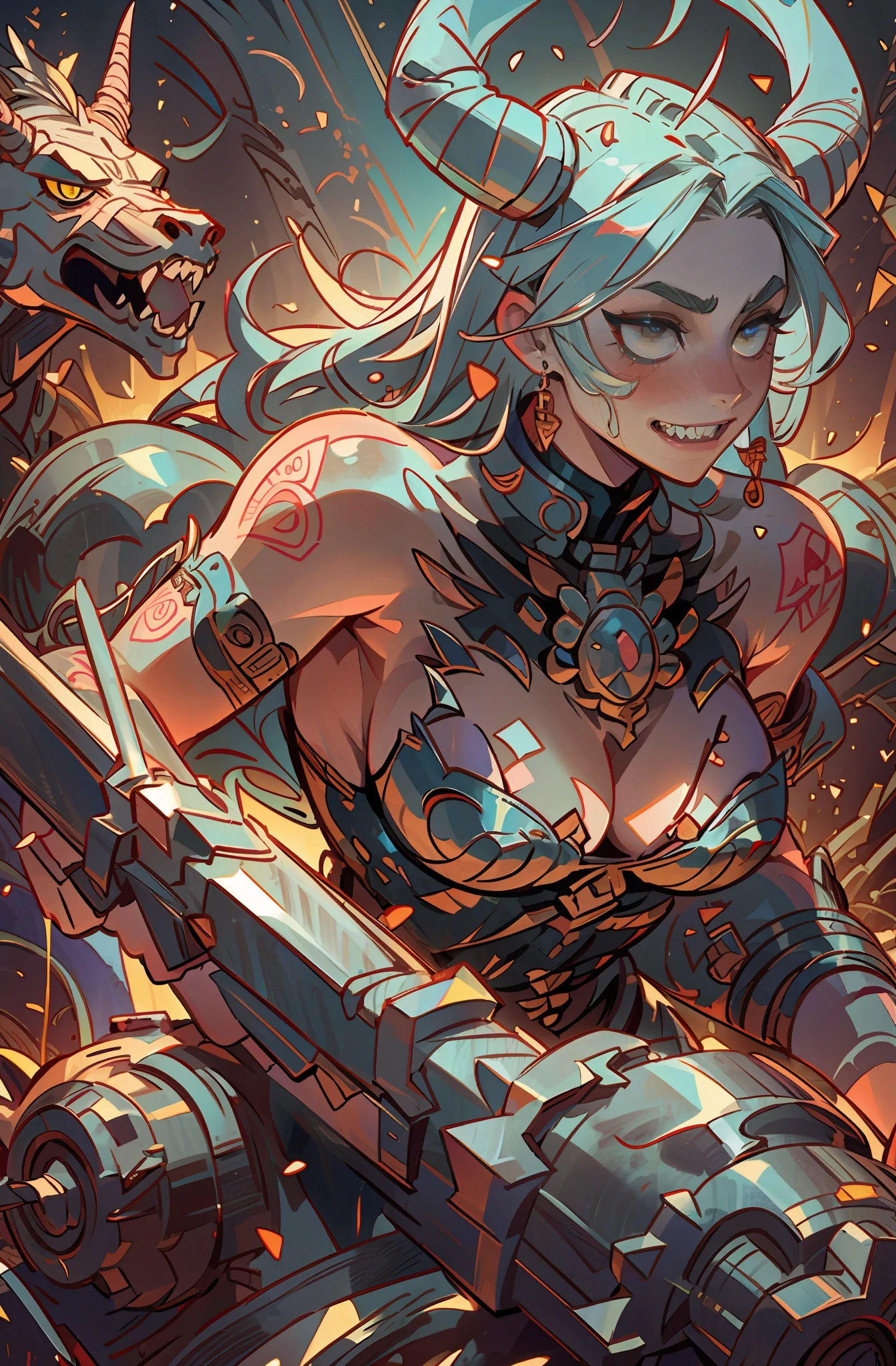 (A muscular and monstrous barbarian girl wielding a massive axe, adorned with intricate tattoos, and baring sharp teeth) + dynamic pose + intricate details + joyfully laughing, with her dragon as a pet, dragon eyes,)She is centered within a chaotic battle, and exudes dominance over all. In her hand, she wields a great axe sword, its blade worn and bloody reflecting the countless battles that envelops her. blushed, 18+ face, nsfw art, body curve, full sexy body, random position, random pose position, random position, beauty shirt, ((upper body)), ((closed up)), ((detail face)),