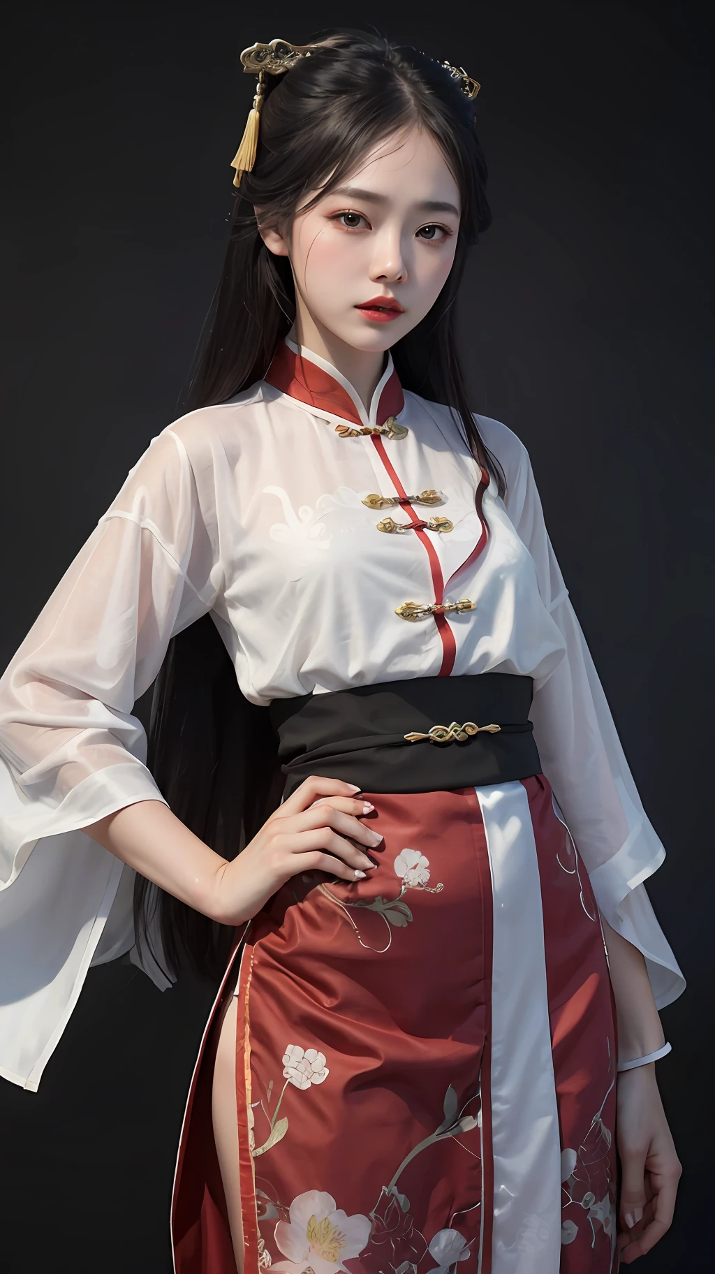 Chinese ancient style ink style 2.0，Brush Draw 2.0，Splash ink decoration 1.4，Seven points are similar，teens girl，cabelos preto e longos，hair adornments，The body returns the picture，Only the sides，Long sword in hand，Sword openwork decoration。Black and red conservative clothes，Chinese style Hanfu，Redlip，largeeyes，Rice paper background --auto