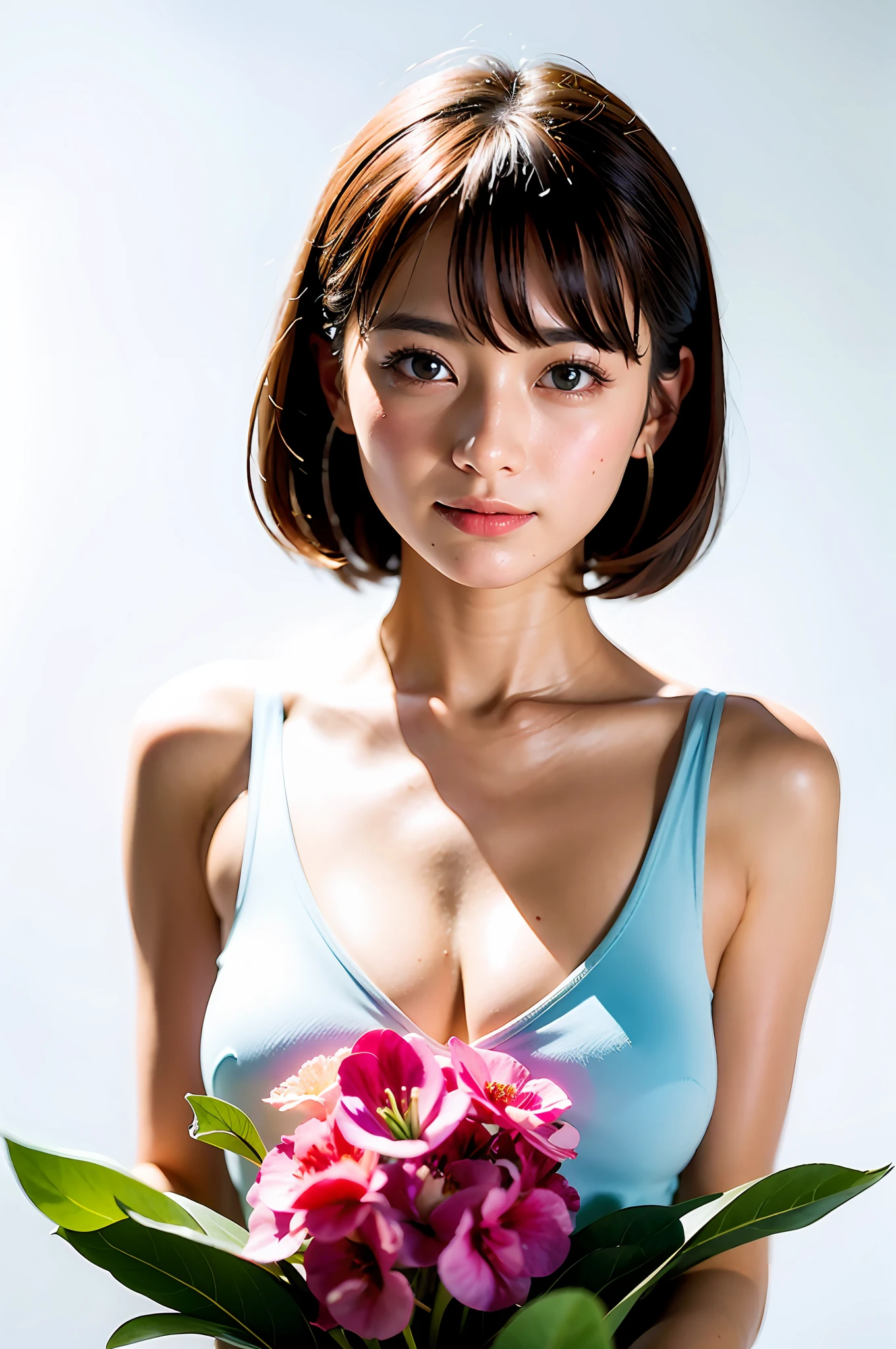 ((hightquality、high-detail、8K picture quality、barechested))、1girl in、florals、Lisianthus、in the style of pale pink and bright azure、dreamy and romantic compositions、Pale pink、Ethereal leaves、Playful placement、put many flowers in front of the chest、Fantasia、Ink strokes、explosions、over exposure、Purple and red tone impression、Abstract、(Watercolors by John Barkey and Jeremy Mann))、brushstrokes、negative space、Cute and pretty girl、Beautuful Women、Close your mouth and smile a little happily、Short hair with bangs fluttering in the wind、long neck、Put your ears out、Clean collarbone、Highlights in the eyes、clean skin of white color、very Bigger breasts、(((Immaculate white background with nothing really)))