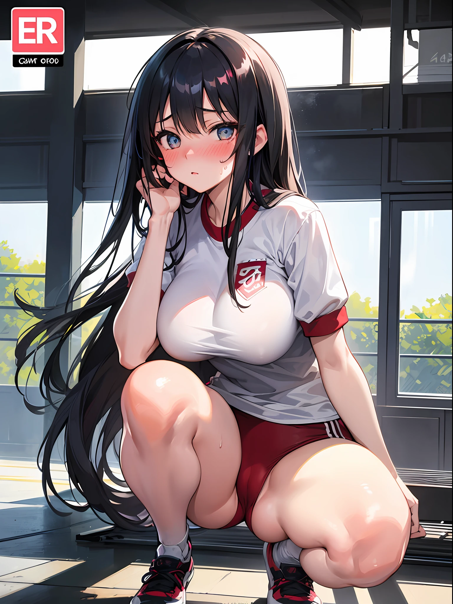 ((masterpiece)), ((Best Quality)), (Ultra-detailed), ((kawaii)), Cute, (lovely), ((Sexy)), (Ero), ((Extremely detailed)), 4K, (8K), Best Quality, (Beautiful), Illustration, Anime style, Painting, Dynamic Angle, Cowboy Shot, from wildcard, Drama-style Play Ground, squatting, open legs, (Poses for erotic photo albums), full body focus, Cute s, 1girl in, Solo, gym uniform(jp), black hair, Beautiful random colored eyes, ((Beautiful eyes)), White-skinned, Random hairstyle, Buttocks, (Colossal tits), (Ashamed), Troubled expression, (red blush:1.5), Sweat, sparkling effect, Lens Flare, shiny-glistening, gleaming
