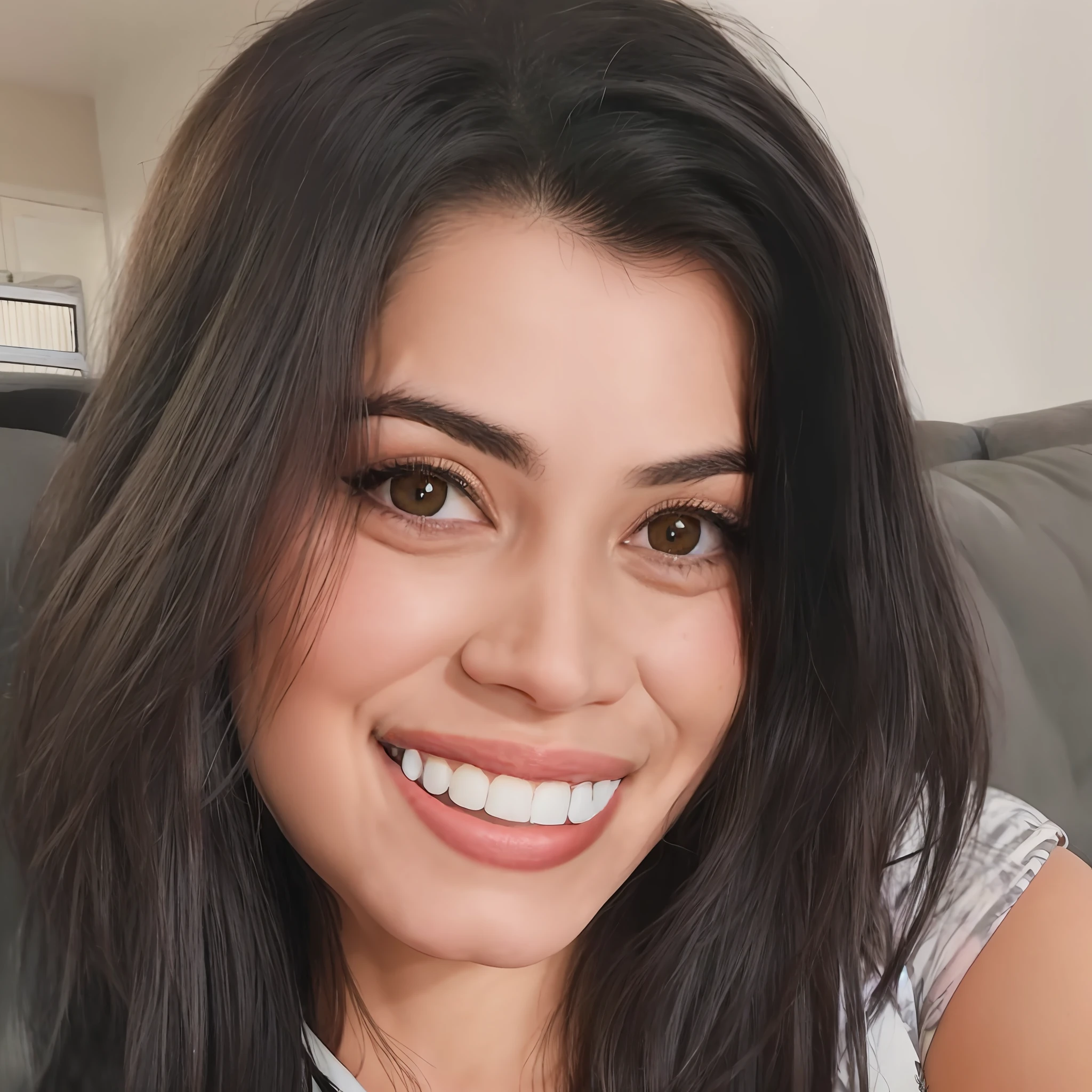 Smiling woman with long black hair and white shirt on sofa, Alanis Guillen, Lorena Avarez, fernanda suarez, bonito e sorridente, Karla Ortiz, sorriso perfeito, Mulher de 30 anos de Cuba, foto de perfil headshot, Marischa Becker, selfie de uma jovem mulher, lovely smile, sorriso bonito, Violeta Myers, sorriso bonito