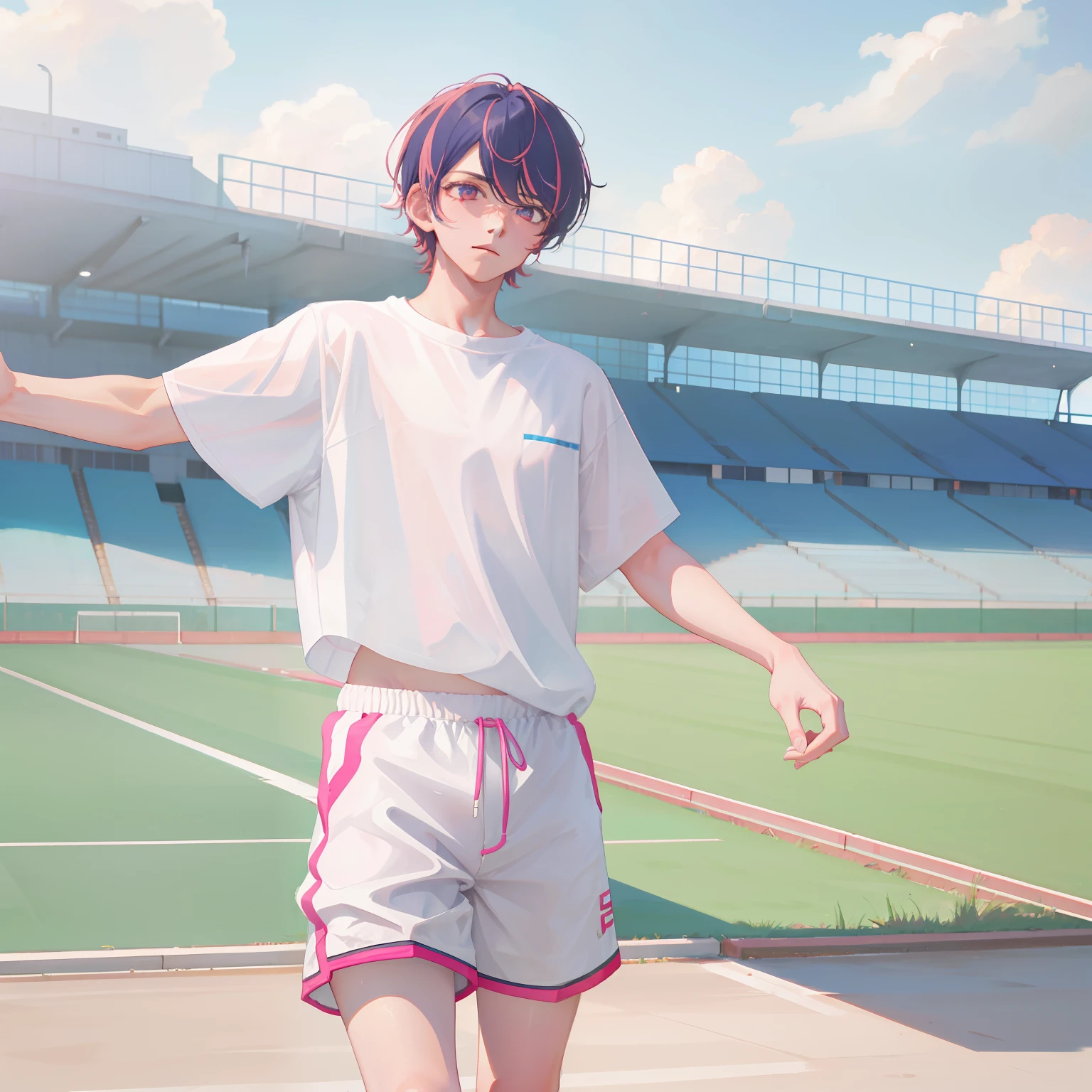 An energetic ager,Ruddy skin,white complexion,Pink hair,Wear shorts sportswear,Short white top,Run on the track,The background is blurred out,Handsome and cute,schoolboy,Staggered bangs,Natural volumes,voluminous hair,style of anime