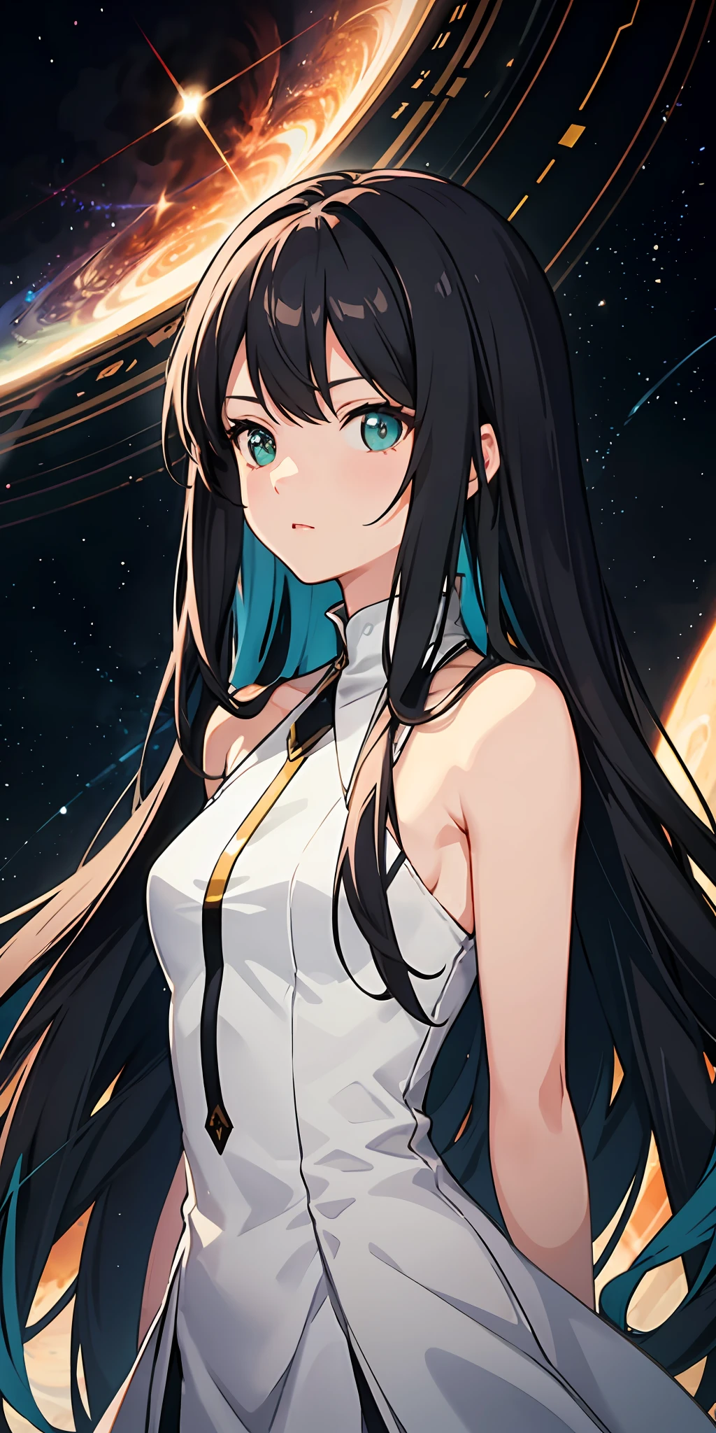 extremely delicate and beautiful girls, a extremely delicate and beautiful girl, Kyoto animation style, anime screencap, animated, head_tilt, very long hair, Pick and dye black hair in white hair, shiny hair, Authentic and detailed face, white eyes, white_dress, aqua Clothes, sparkle, bright and fine Black-Hole Accretion Disk, surreal, extremely detailed CG unity 8k wallpaper, Very detailed CG unified 8k wallpaper, very precise detailed,