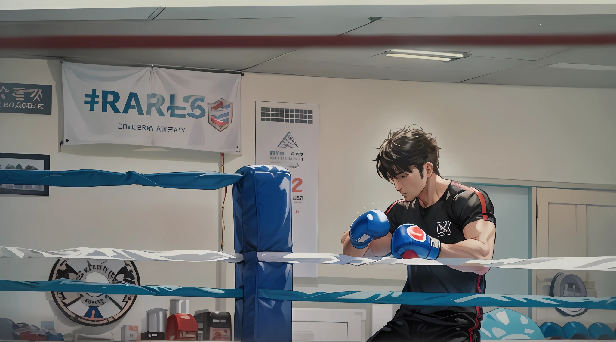 There's a man who's standing in a boxing too., in a boxing tooge, em uma postura de luta, boxe, Estilo anime realista no Pixiv, tou, Makoto Kobayashi, Hajime no IPO Box Fight, Artgerm e Atey Ghailan, gama murata e artgerm, na empresa pixiv, fanart oficial