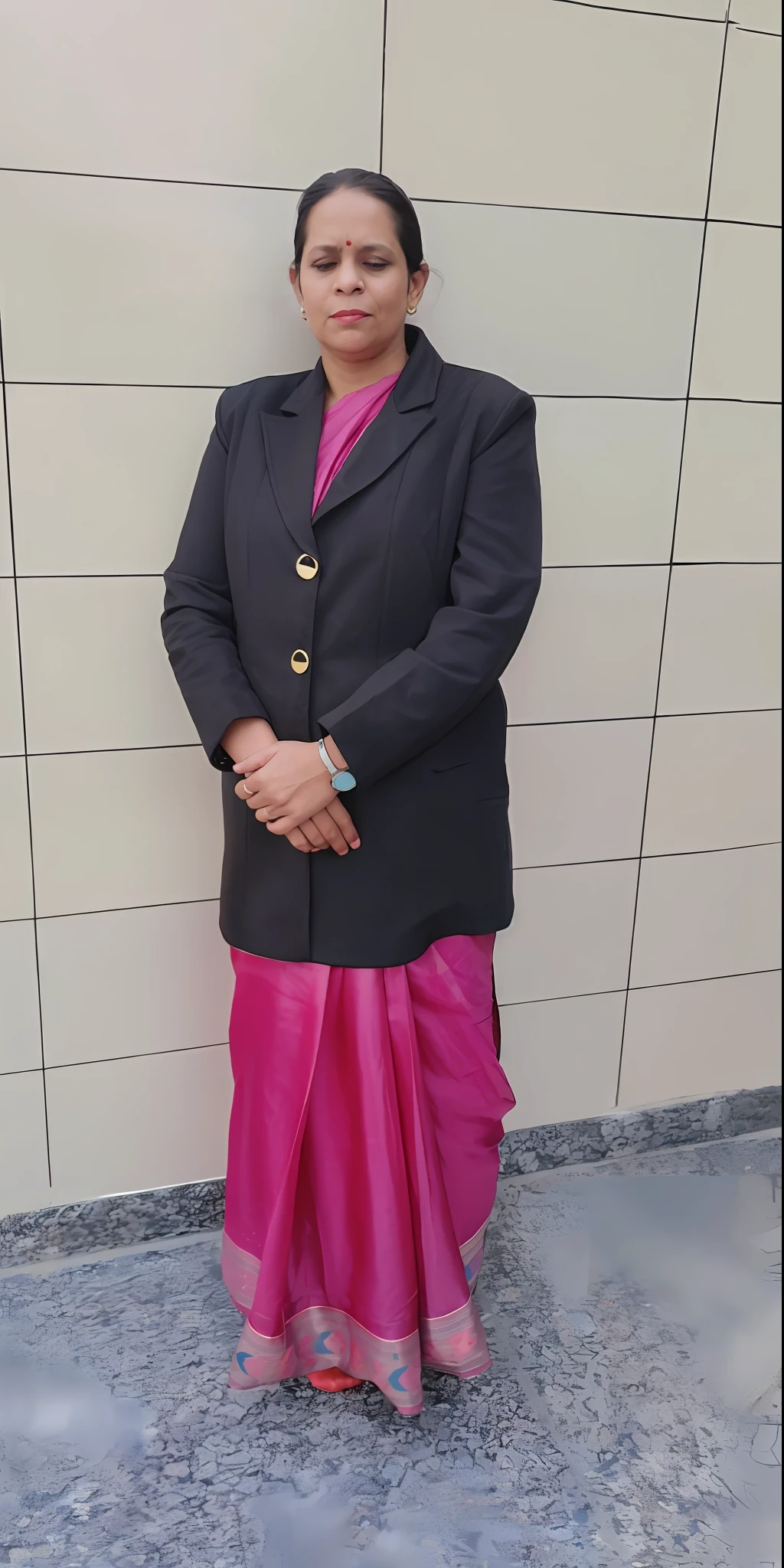 woman in a pink skirt and black jacket standing against a wall, dressed with long fluent clothes, with lovely look, candid picture, dressed in a jodhpuri suit, wearing a steampunk sari, wearing jacket and skirt, wearing a silk kurta, wearing sari, thought provoking, dressed in a sari, wearing a sari, profile picture, wearing a pink tux