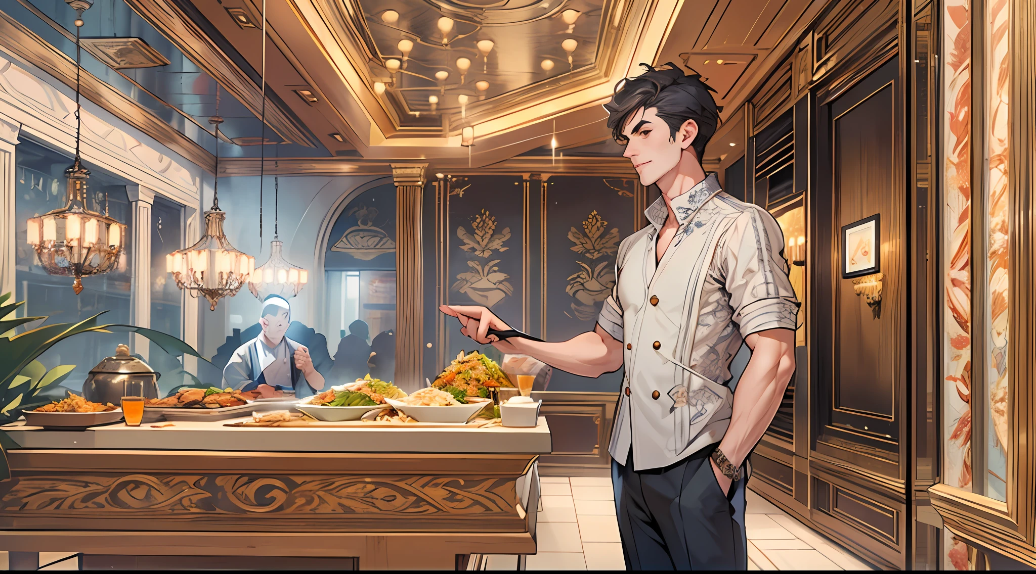 A tall and handsome man stood at the entrance of the restaurant with a microphone. He pointed at a piece of fried rice in front of him. The fried rice was filled with all kinds of high-end ingredients and decorations. It looked very luxurious. ,16k, best quality, masterpiece, super detail, high details