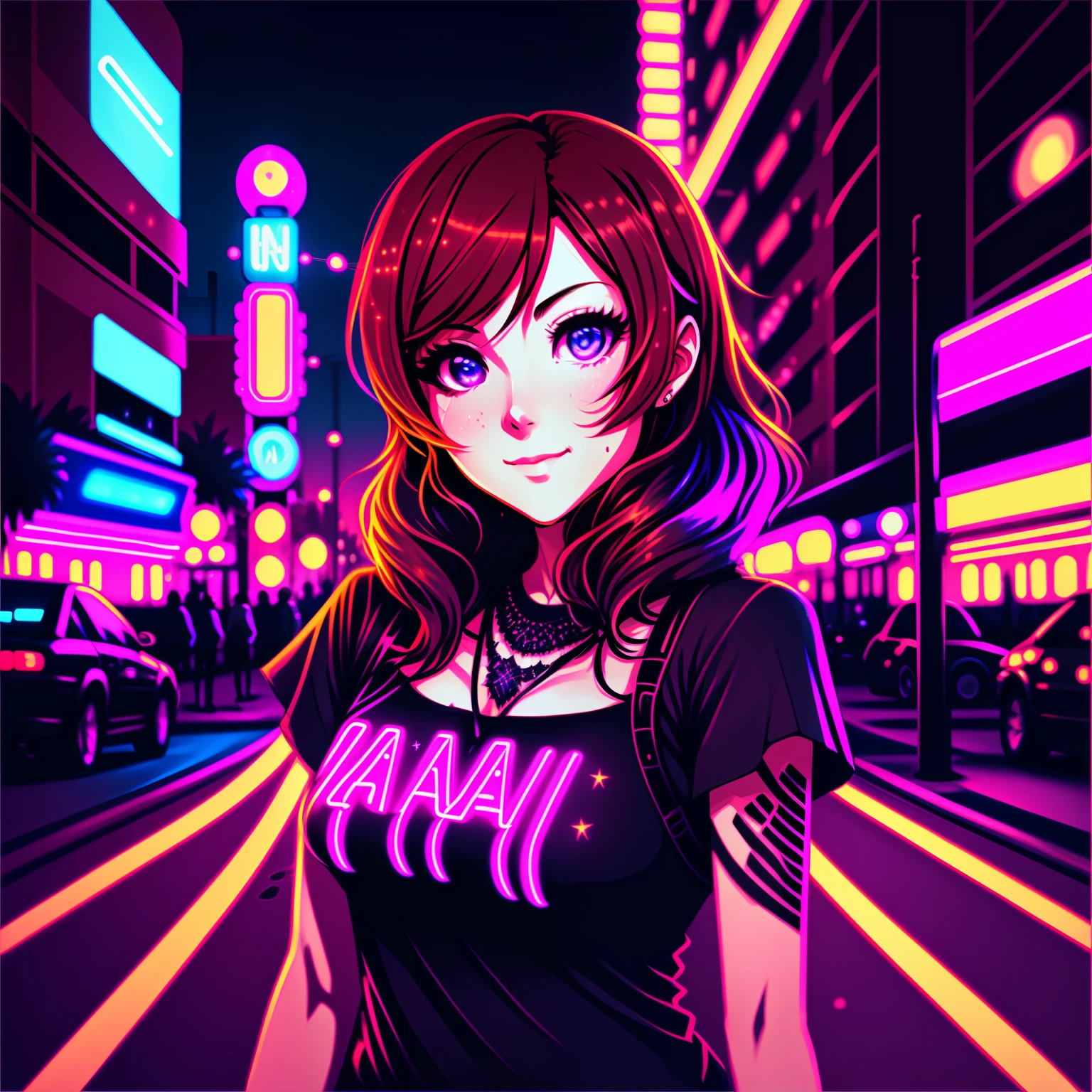 nishikino maki in an las vegas street during nightime with amazing neon lights