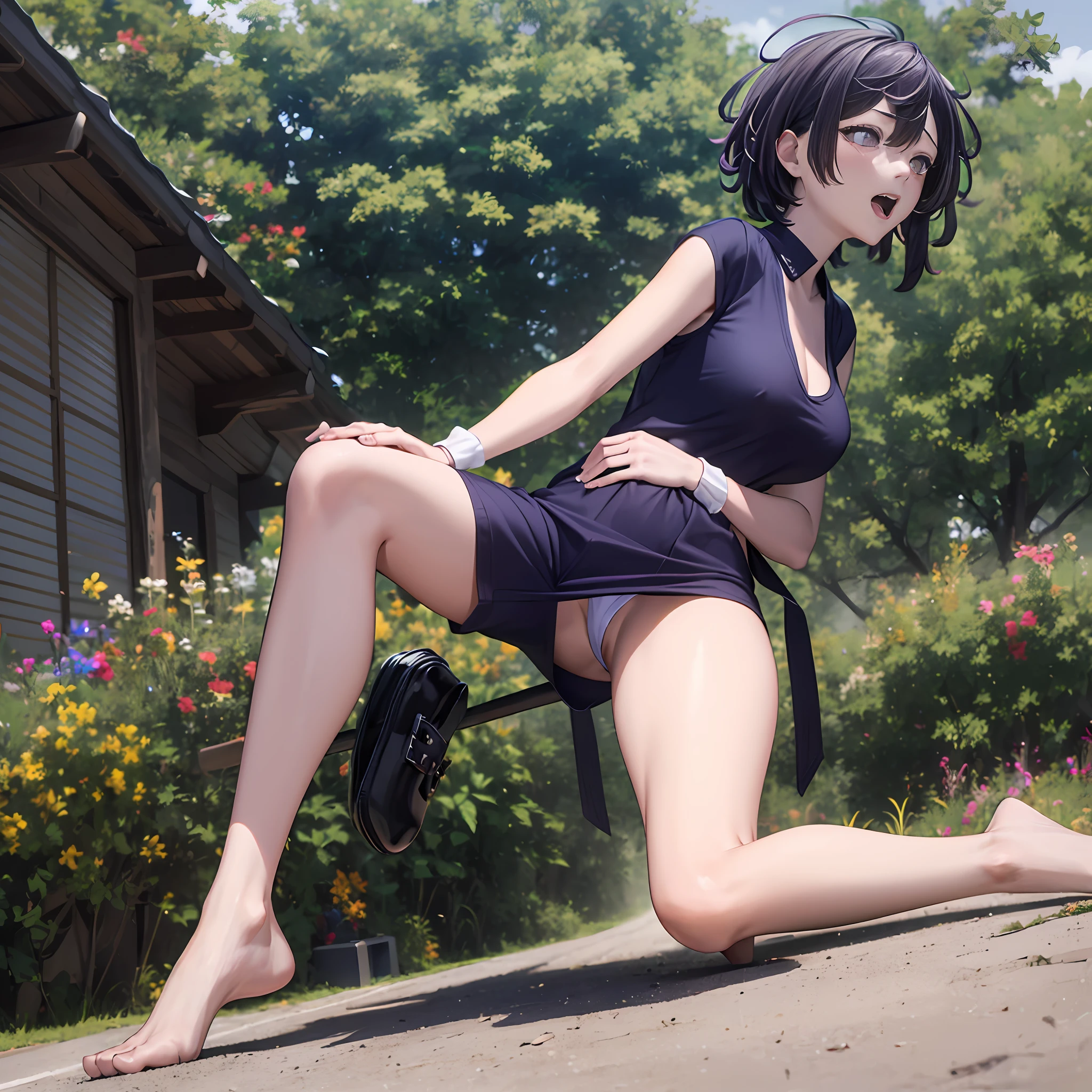 ,No pants,big breasts exposed cleavage,Blushlush,cabelos preto e longos,facing to audience,legs are open,Mouth open,Stick out your tongue,sat on the ground,Stick in hand,is shy,Obscenity