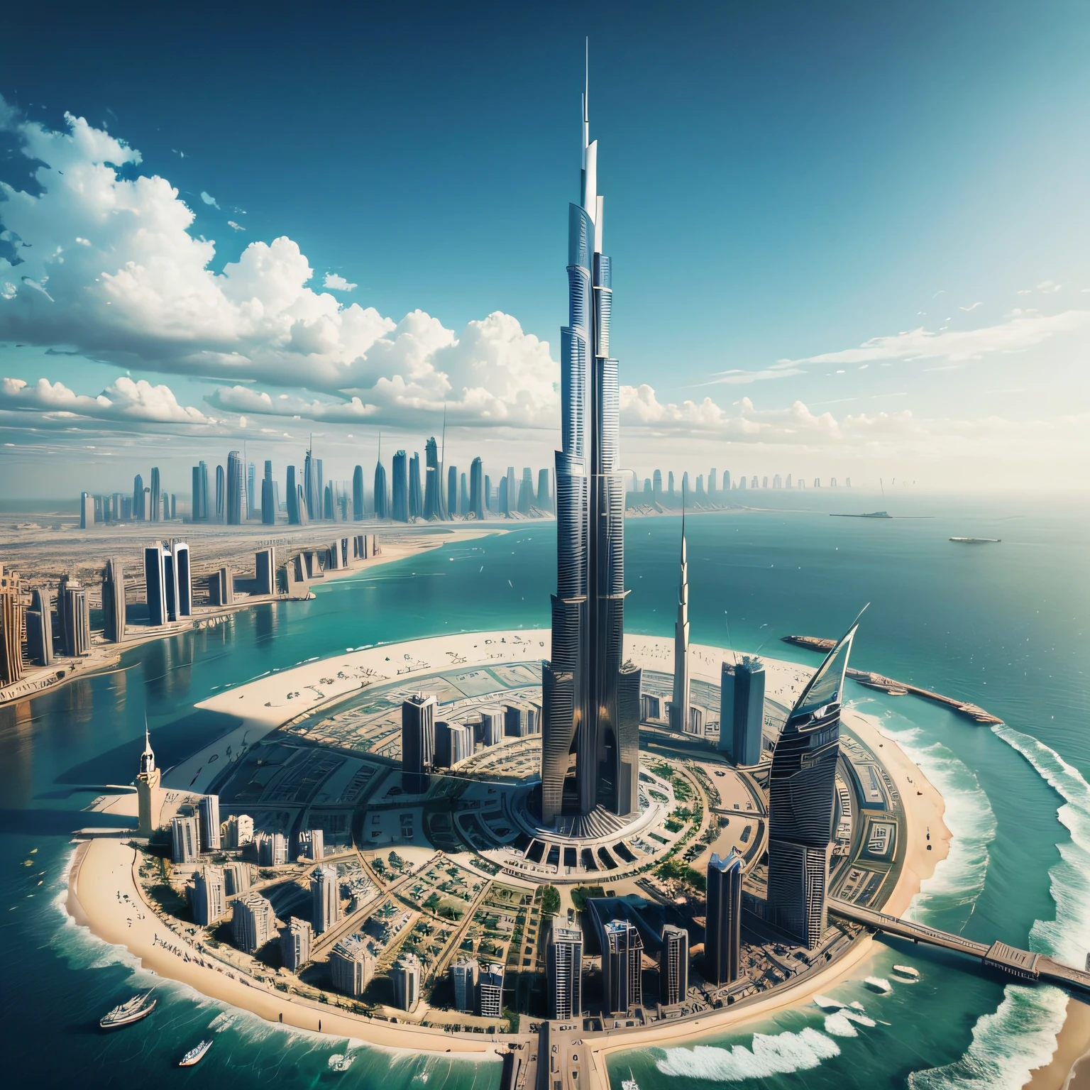 Close-up of cityscape with clock tower as background,Sea and architecture in the distance,Dubai,Photographic pictures,photo of futuristic cityscape,skylines,megacity --auto