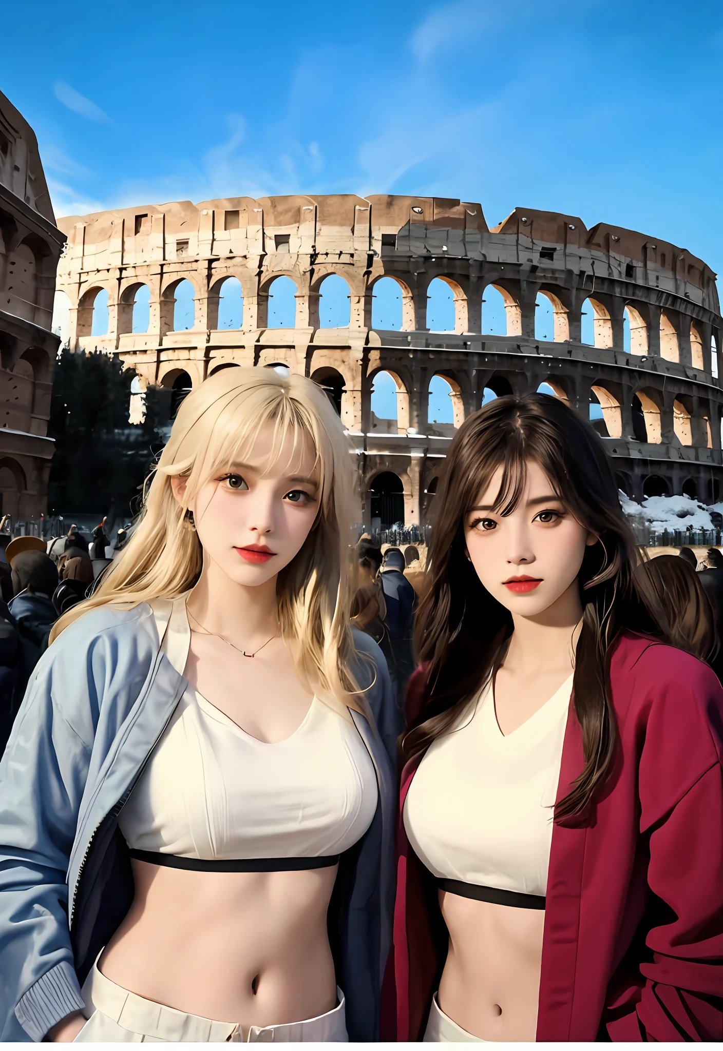 (Positive focus),2girls,duo,navel,(At the Colosseum,crowd,winter,Snowy),Surrealistic Female Portraits by David Hockney and Alphonse Mucha,Fantasy art,photograph realistic,Dynamic lighting,art stations,poster for,Volumetriclighting,Very detailed faces,4K,Award-Awarded,Fantastic costumes,Deep shadows,low tune,cowboy lens, (official outfit:1.4), looking at the camera in, Half-body shot,((Realistic face))),