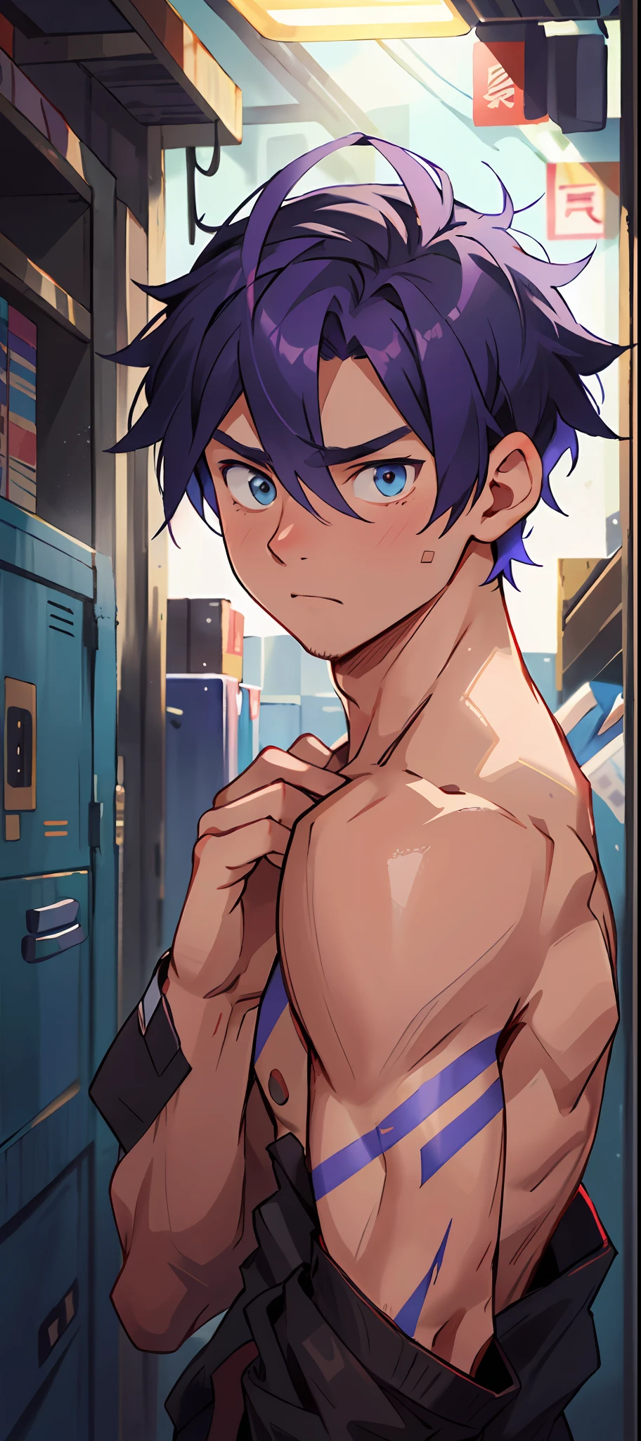 (tmasterpiece,Best quality at best,absurd res),1人,Naked boys,is shy,Be red in the face,Shy,musculous,Detailed eyes,nakeness,(nakeness),eBlue eyes,Bare topless,Upper body body,short blue-purple hair,(fluorescent light),(a color),((abstract backgrounds))