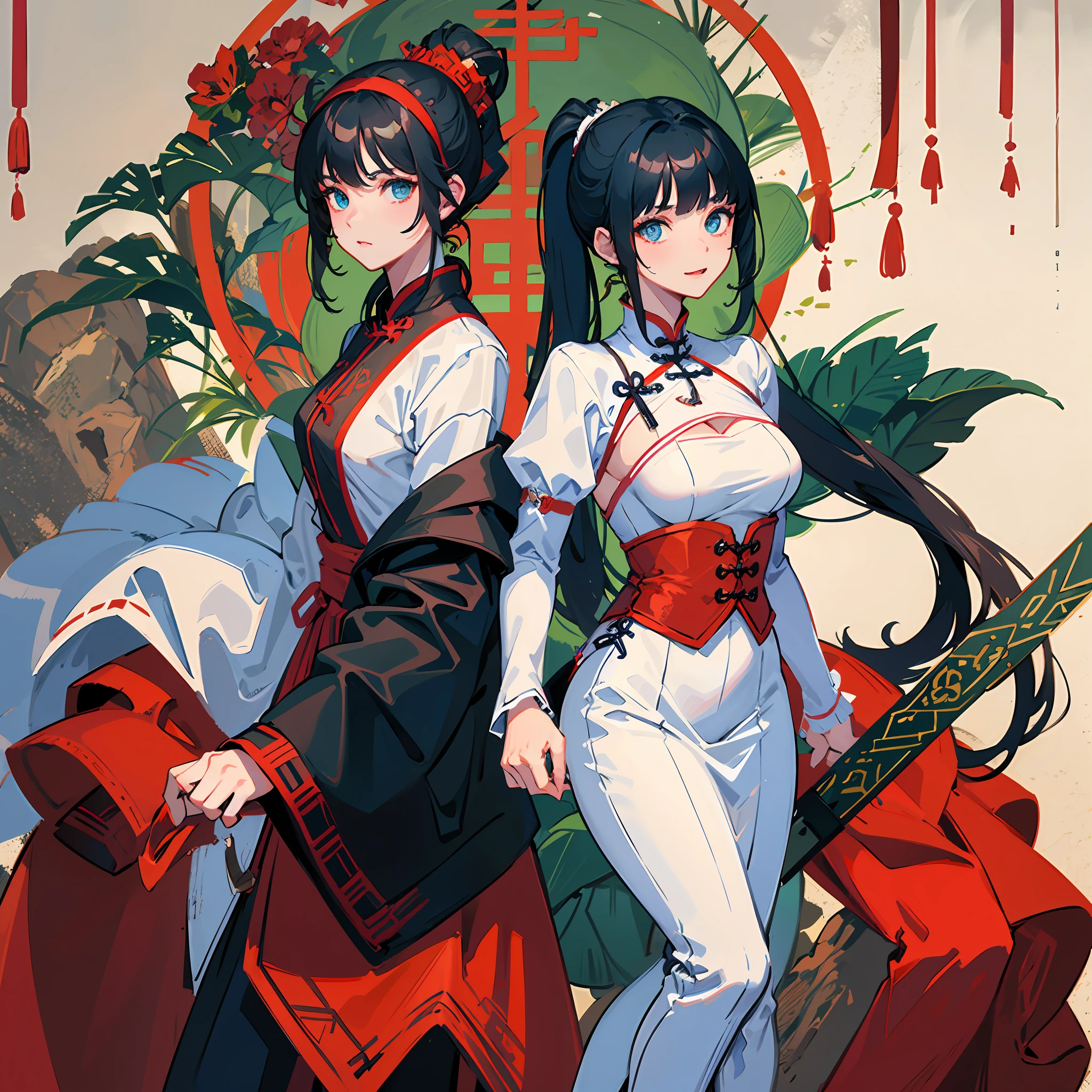 China ink painting,A swordsman,Tall and handsome,Black hair and blue eyes,High ponytail,red hairband,white clothes,red striped,Green bamboo forest,The color is elegant,ancient wind,planar,with an antique feel --auto