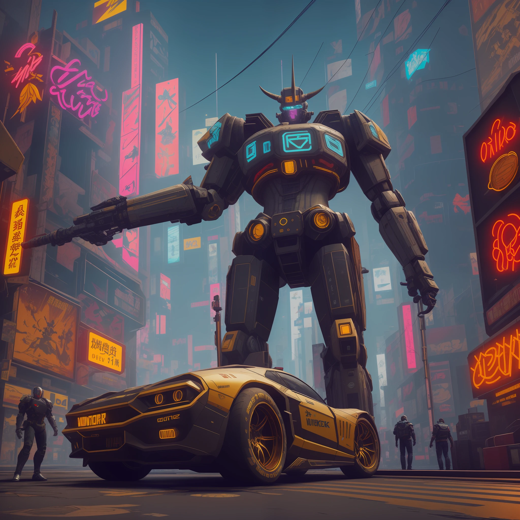 Black color mecha,Cyberpunk 2077,Colorful neon lights,The city of the future,Minotaur 1.2,((Metallic texture 1.2)),big clock,China-style,the night,Plenty of light 1.1 --auto