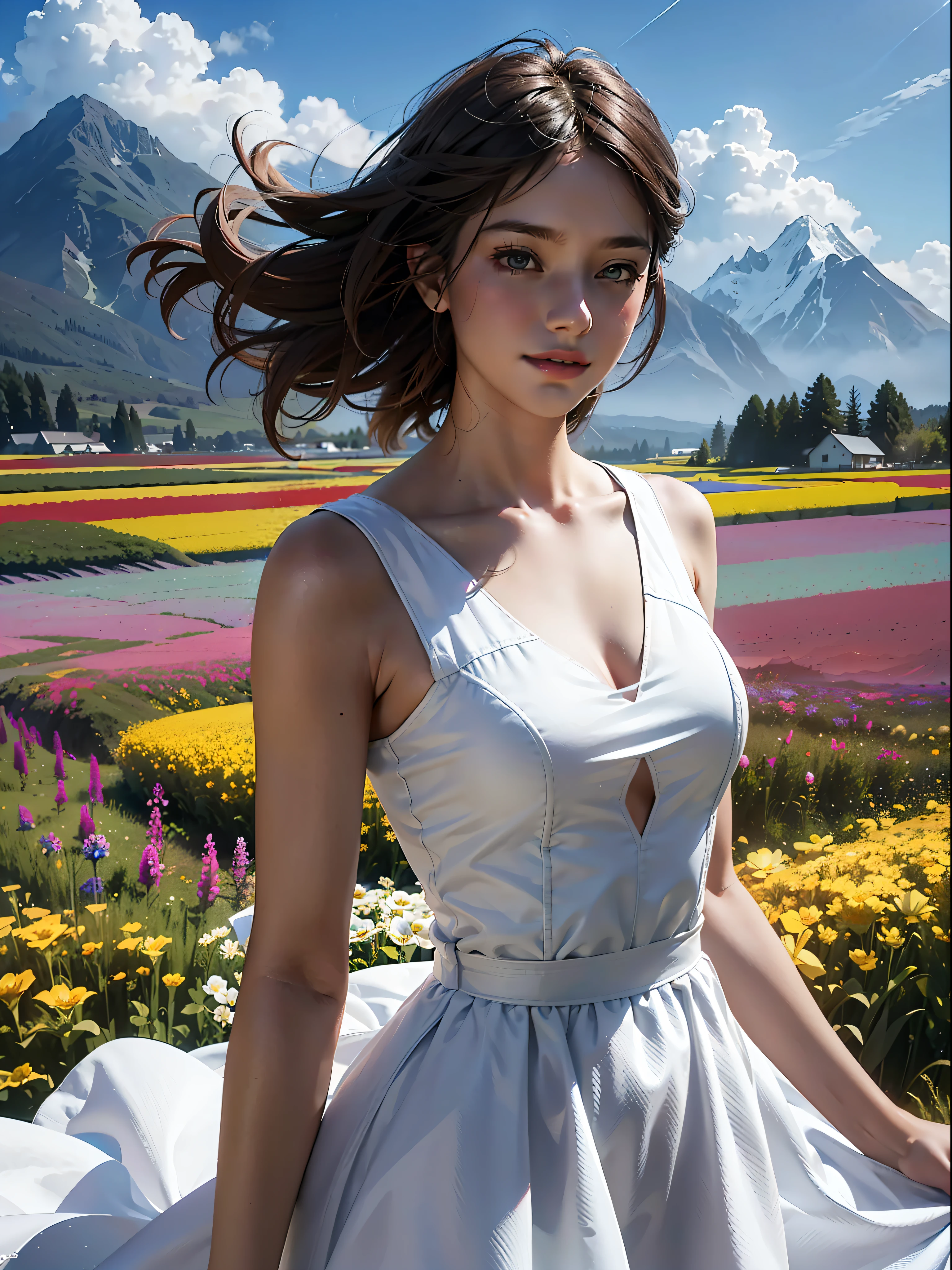 1girl, dynamic angle, cloud and mountain, (flower field:1.4) in the foreground, white dress, light tracing, (floating colorful wind:1)
(photorealistic:1.4), official art, unity 8k wallpaper, ultra detailed, beautiful and aesthetic, masterpiece,best quality, glowing skin, cinematic lighting, light smile