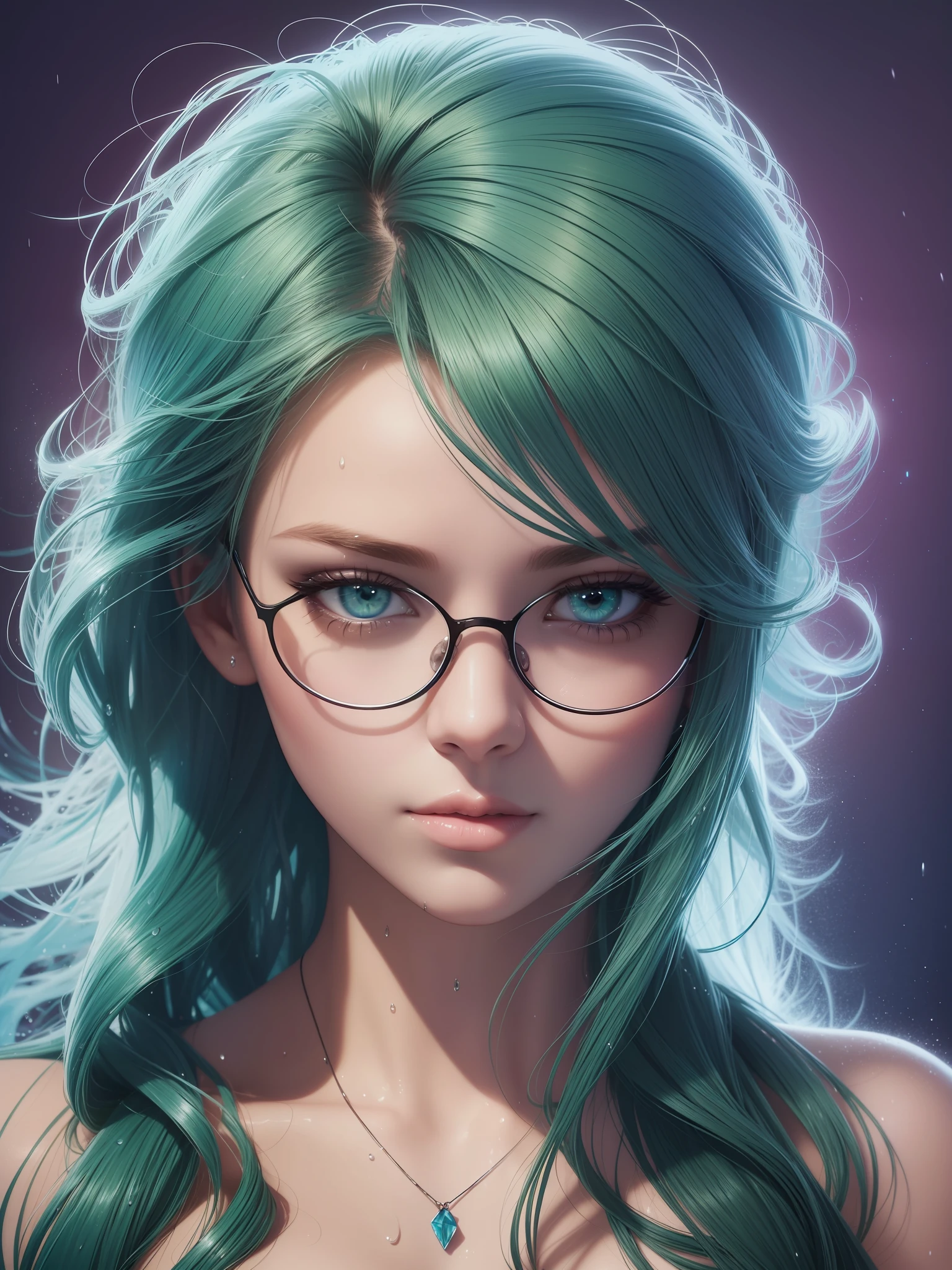 Realistic, full-body portrait of a young woman, 20 years old. perfect body, realistic perfect body composition, wet body in the rain, waterfall scene. realistic beautiful green eyes, cold face, fair skin, good looking, tattoo art, sexy sexy liquid acrylic outfit, glasses (eyes in the center of glasses), dreamy light warm, volumetric light, adventure style pulp, dynamic gradients, vivid colors, illustrations, highly detailed vector curves, simple, smooth and clean, vector art, smooth , character design, cinema, surrealism, posters, masterpiece collection, lush vivid colors, sunsets, wet gouache. High image quality, meticulous detail, perfect realistic work