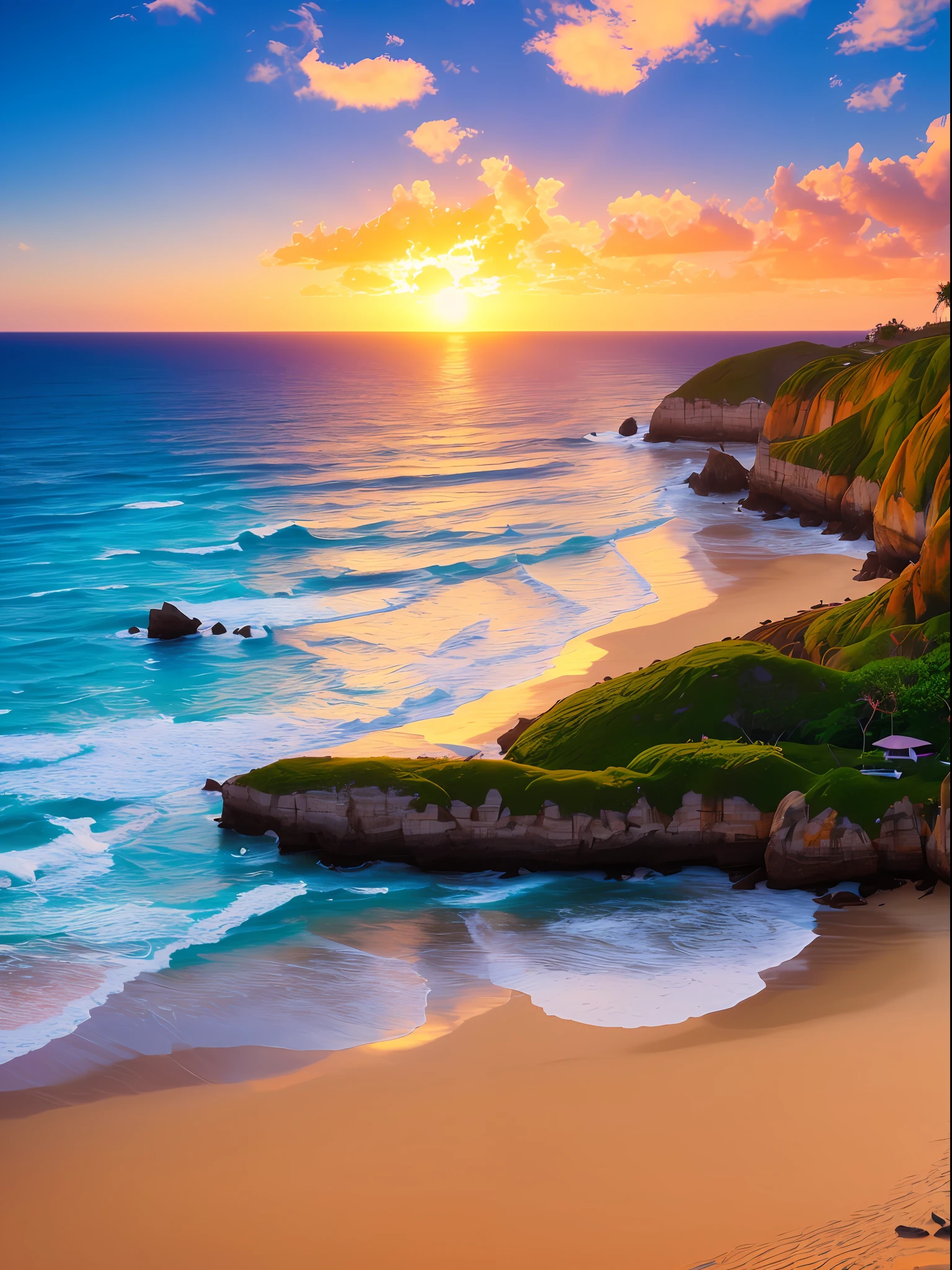 (extremely detailed CG unity 8k wallpaper, obra-prima, melhor qualidade, ultra-detalhado), best ilumination, melhor sombra, uma cena incrivelmente delicada e bonita, praia, sun sunset, cores vibrantes.