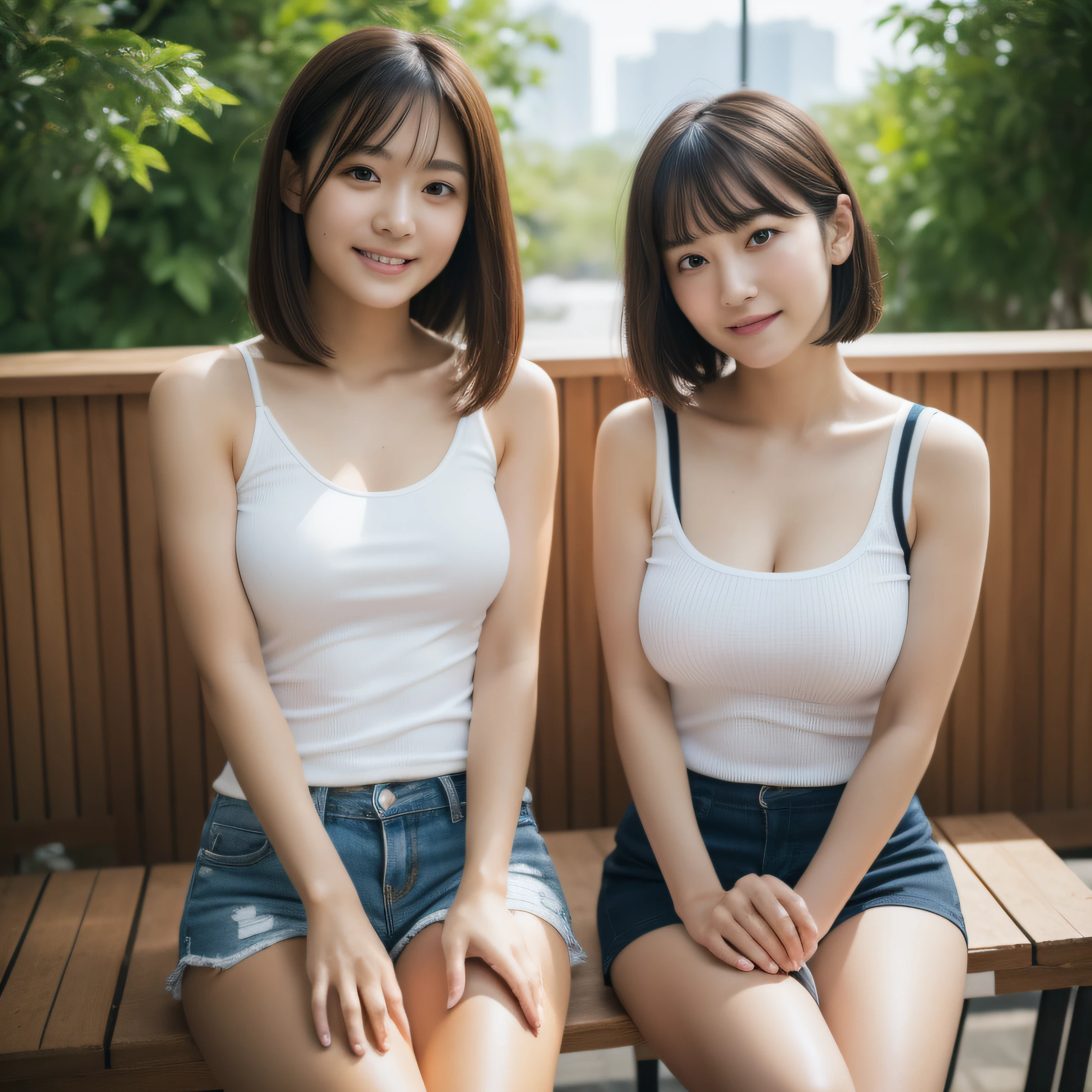 8K, masterpiece, best quality, photo realistic, ultra-detailed, 2 girls, Asian, athletic body, realistic skin texture, 1 girl long hair, 1 girl short hair, (breasts:1.0), (smile:0.9), gaze at viewer, tube top, hot pants shorts, micro mini skirt, movie lighting, face focus, fine eyes, detailed face, well lit face, day light, outdoor cafe in background, nice thighs