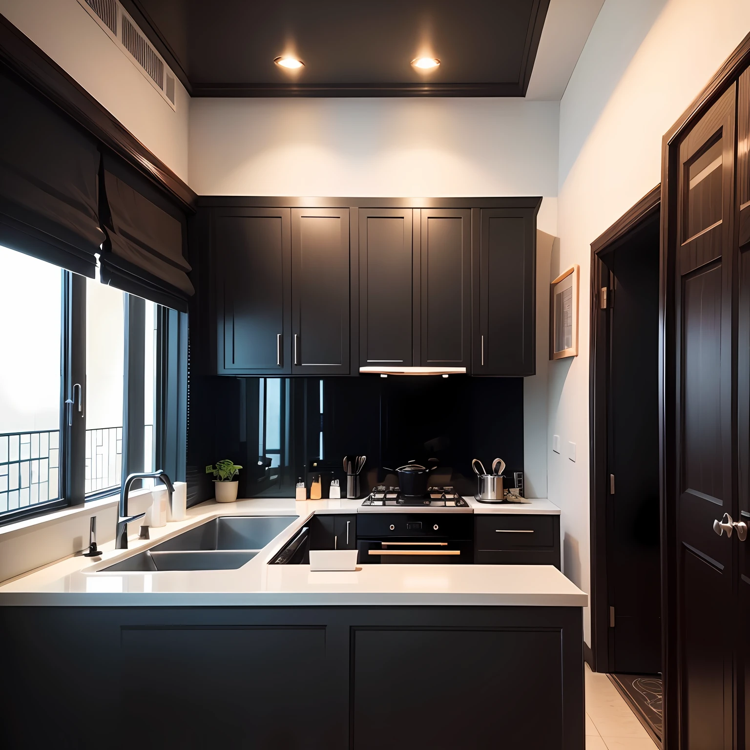 Hotel,Black decoration style,A counter,high qulity,A high resolution,8K,Nikon,Bright environment,Minimalist style --auto
