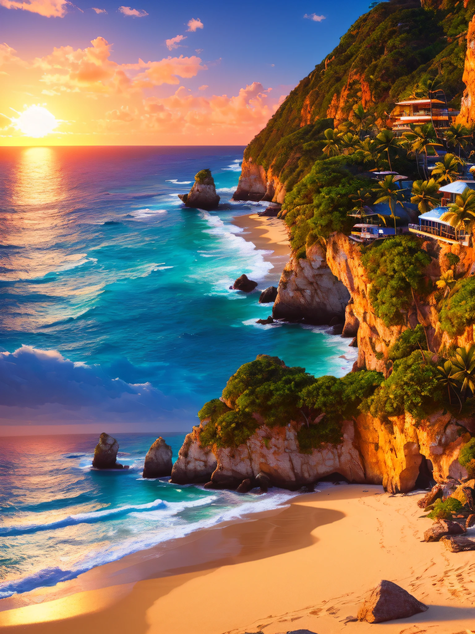 (extremely detailed CG unity 8k wallpaper, obra-prima, melhor qualidade, ultra-detalhado), best ilumination, melhor sombra, uma cena incrivelmente delicada e bonita, praia, sun sunset, cores vibrantes.