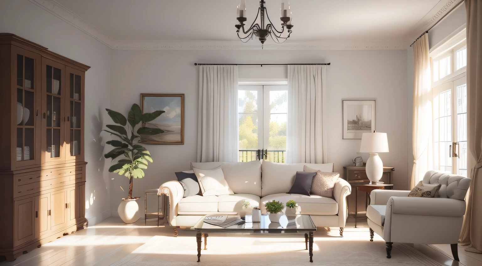 (with a pure white background),best qualtiy,((low polygon)),(((Photoreal))),(best qualtiy),(Best shadow),((liveroom)),European and American style,Bright tones,Light curtains,carpets,Wine cooler,Cotton and linen sofa,wood furnishings,softlighting,A plant,painting of a,vases,with backdrop of natural light, hyper - realistic