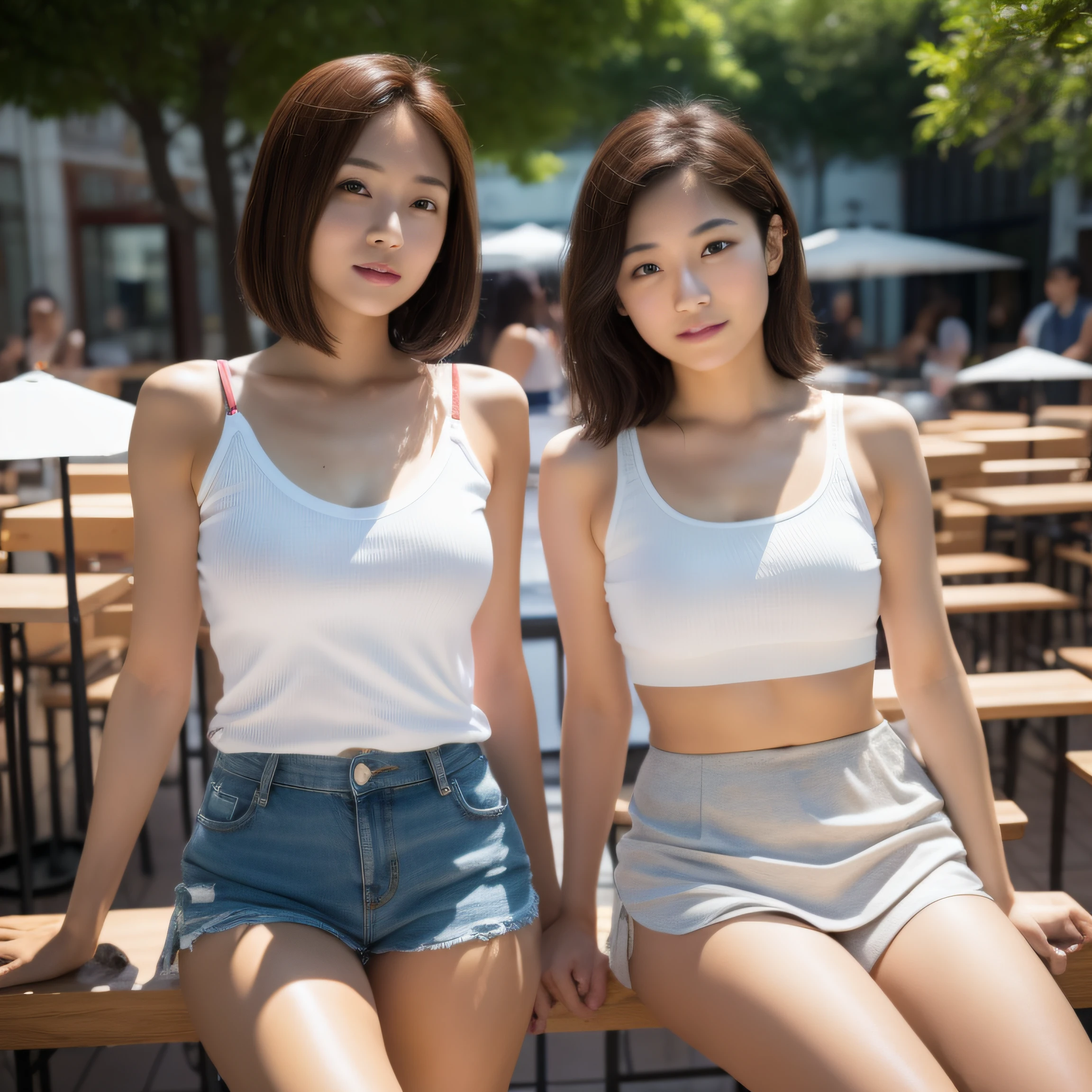 8K, masterpiece, best quality, photo realistic, ultra-detailed, 2 girls, Asian, athletic body, realistic skin texture, 1 girl long hair, 1 girl short hair, (breasts:1.0), (smile:0.9), gaze at viewer, tube top, hot pants shorts, micro mini skirt, movie lighting, face focus, fine eyes, detailed face, well lit face, day light, outdoor cafe in background, nice thighs