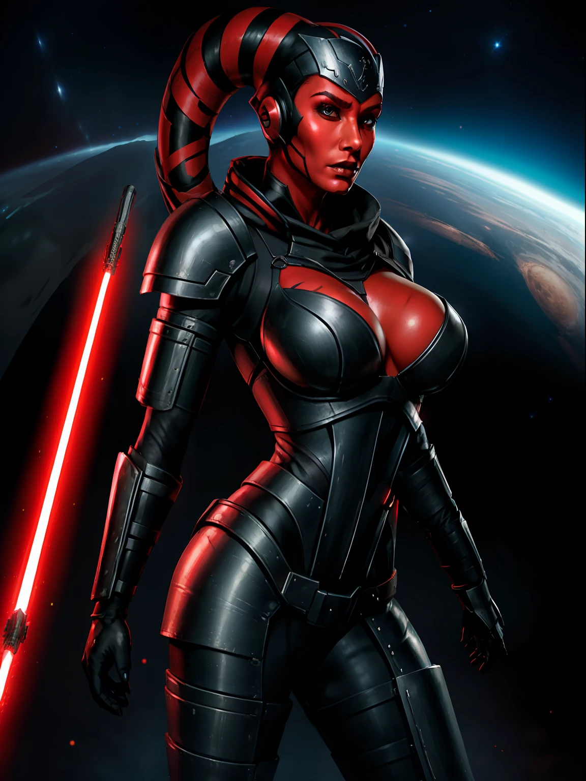 armor, busty, ((red skin), twi'lek), dual red lightsabers, evil space knight, space ninja, (wearing heavy black armor, robes, black stealth armor, breastplate, tunic, tabard, cowl, cloak, body glove, straps, buckles, skirts, long sleeves, fantasy, ((armor))), ((busty), slender body, thin, slim sexy body, slim waist, ((gigantic breasts))), Imperial starship, Star Wars,