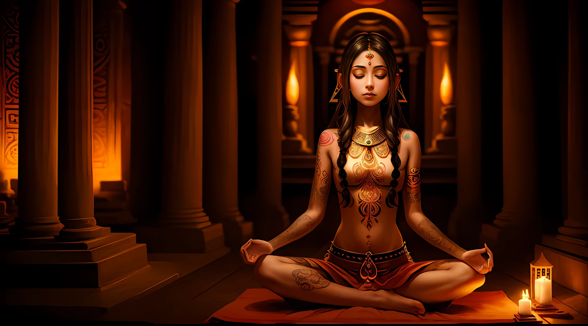 Young tantric priestess with tattoos and percings on her body meditating in a temple --auto