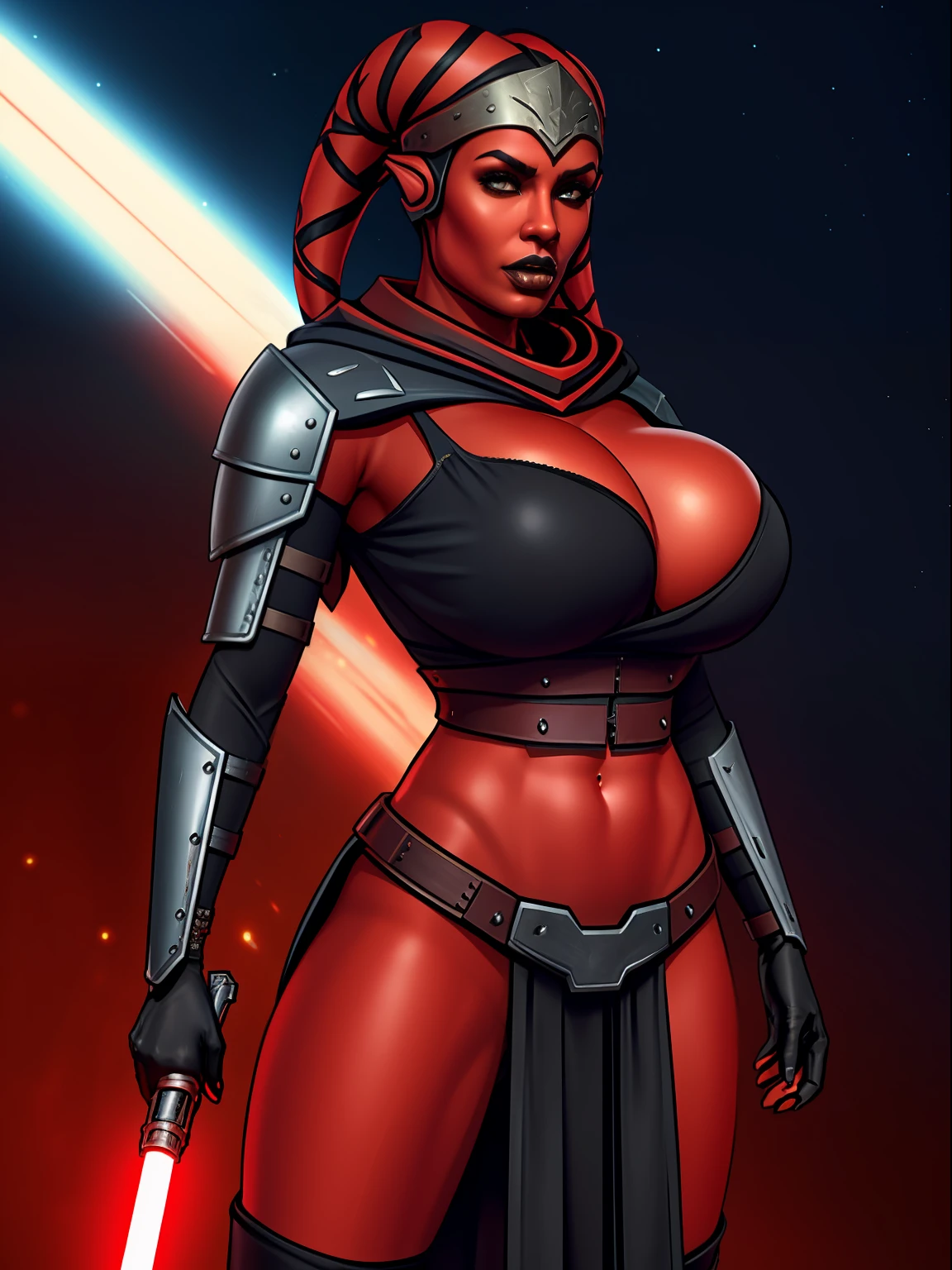 armor, busty, ((red skin), twi'lek), dual red lightsabers, evil space knight, space ninja, (wearing heavy black armor, robes, black stealth armor, breastplate, tunic, tabard, cowl, cloak, body glove, straps, buckles, skirts, long sleeves, fantasy, ((armor))), ((busty), slender body, thin, slim sexy body, slim waist, ((gigantic breasts))), Imperial starship, Star Wars, warlockandboobs