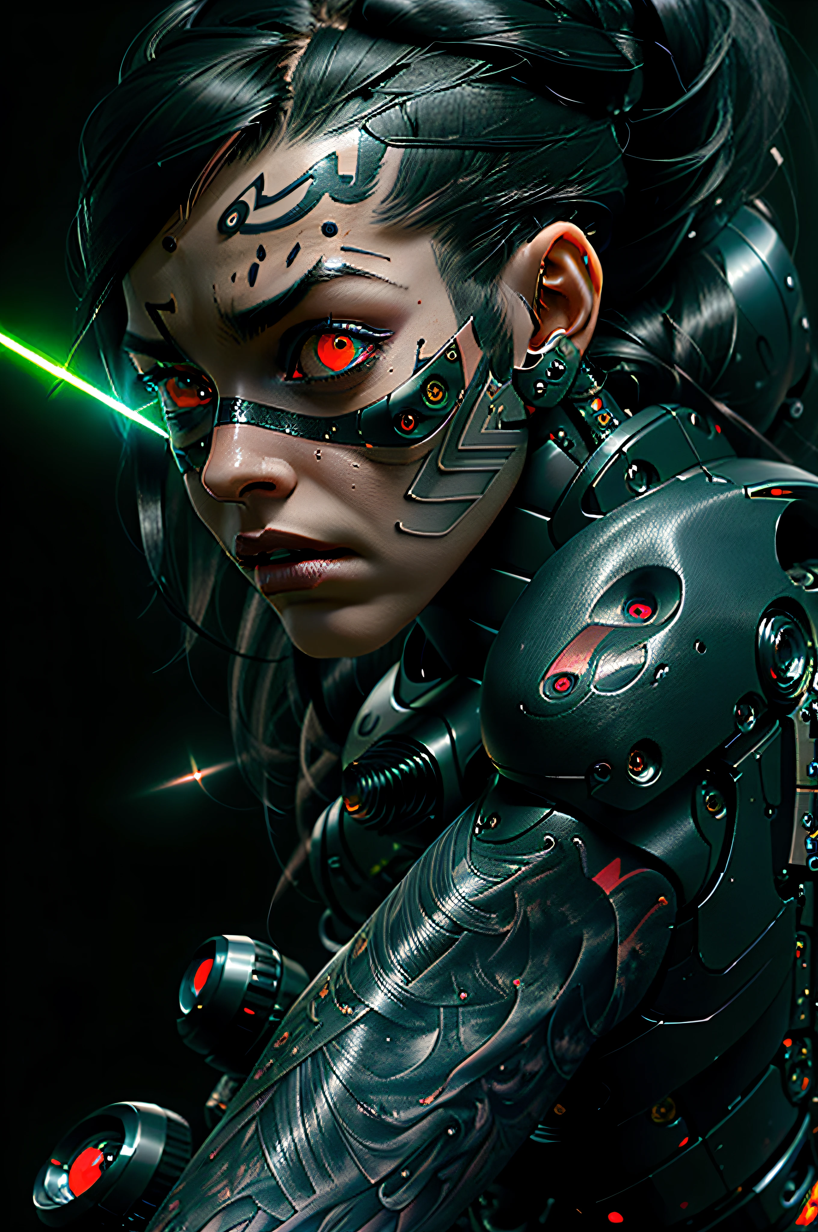 (highly detailed:1.2),(best quality:1.2),8k,sharp focus,(subsurface scattering:1.1),(nsfw:1.1), (award winning photograph:1.2),1girl, (many many detailed black tattoos on face:1.2), by emb-rrf-low,(many many thick black dark tattoos on body nose and eyes:1.2),(close shot:1.2), (separation of face segments:1.1), (deep seams on face and body:1.2)
(beautiful cyborg with scifi laser gun:1.3), (shooting lasers at enemy robots:1.3), (dynamic action pose:1.2),  neon glow under the skin
(very detailed clothes:1.2), (highly detailed background:1.3), RPG, Elden Ring, (scifi:1.2), (hyperrealistic:1.2), dramatic lighting,artstation, artgerm, greg rutkowski, alphonse mucha, trending on artstation, trending on deviantart, wlop