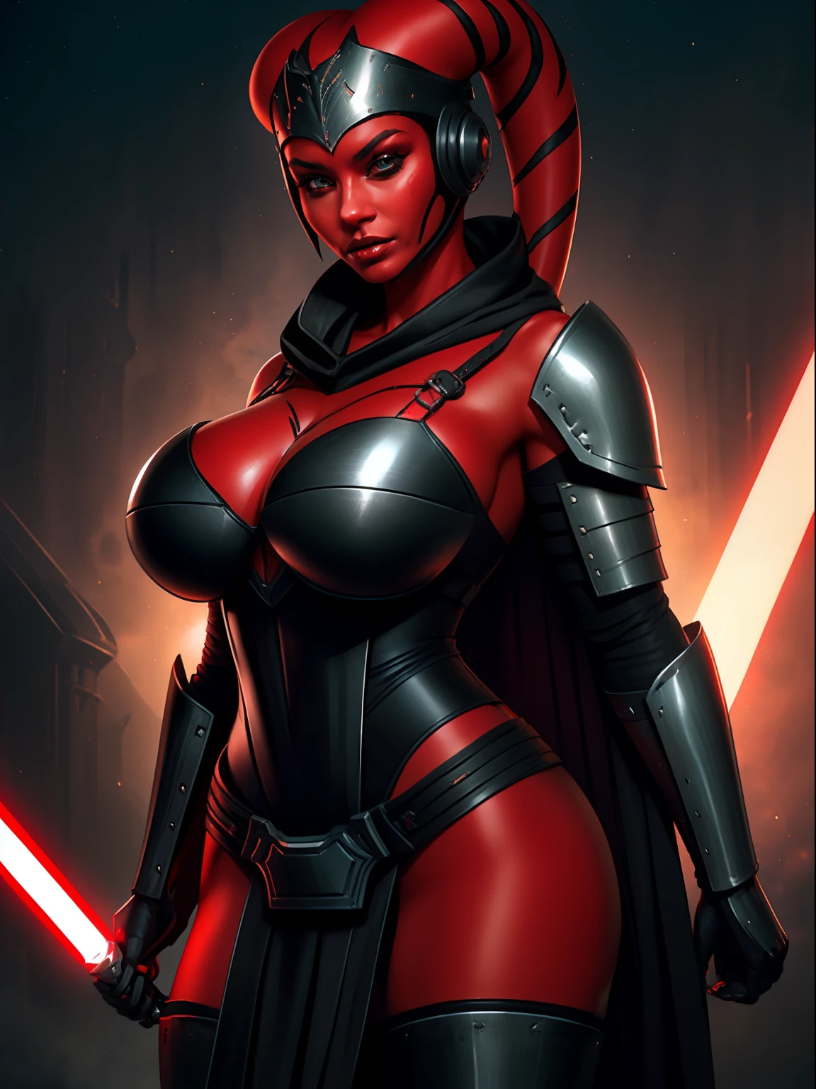 armor, busty, ((red skin), twi'lek), dual red lightsabers, evil space knight, space ninja, (wearing heavy black armor, robes, black stealth armor, breastplate, tunic, tabard, cowl, cloak, body glove, straps, buckles, skirts, long sleeves, fantasy, ((armor))), ((busty), slender body, thin, slim sexy body, slim waist, ((gigantic breasts))), Imperial starship, Star Wars,
