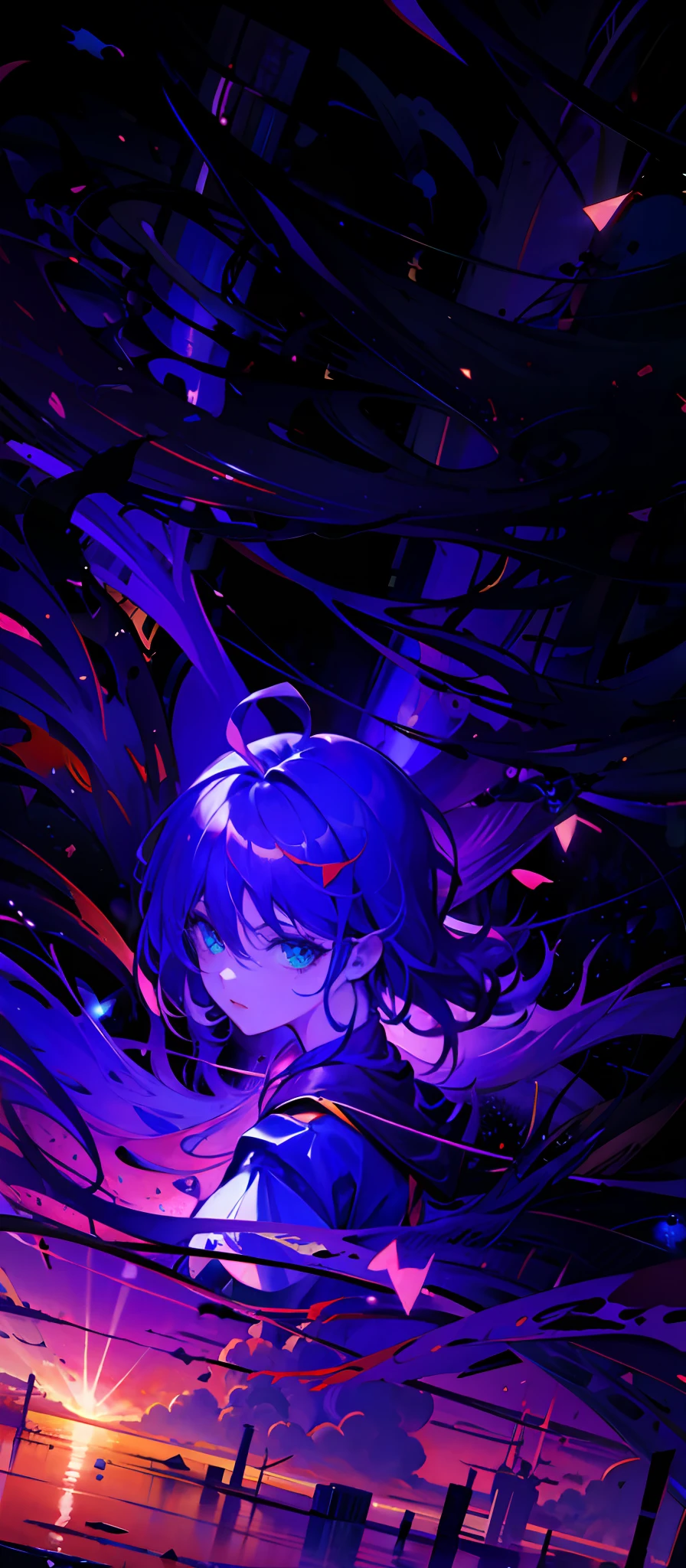 Menina anime com cabelo roxo e olhos azuis em um fundo roxo e preto, arte oficial, estilo anime 4K, night core, arte abstrata de anime, Estilo de arte ufotable, anime moe artstyle, Anime Art Wallpaper 4K, Anime Art Wallpaper 4K, Anime Art Wallpaper 8K, Papel de parede anime 4k, 4k anime wallpapers, Anime Wallpaper 4k