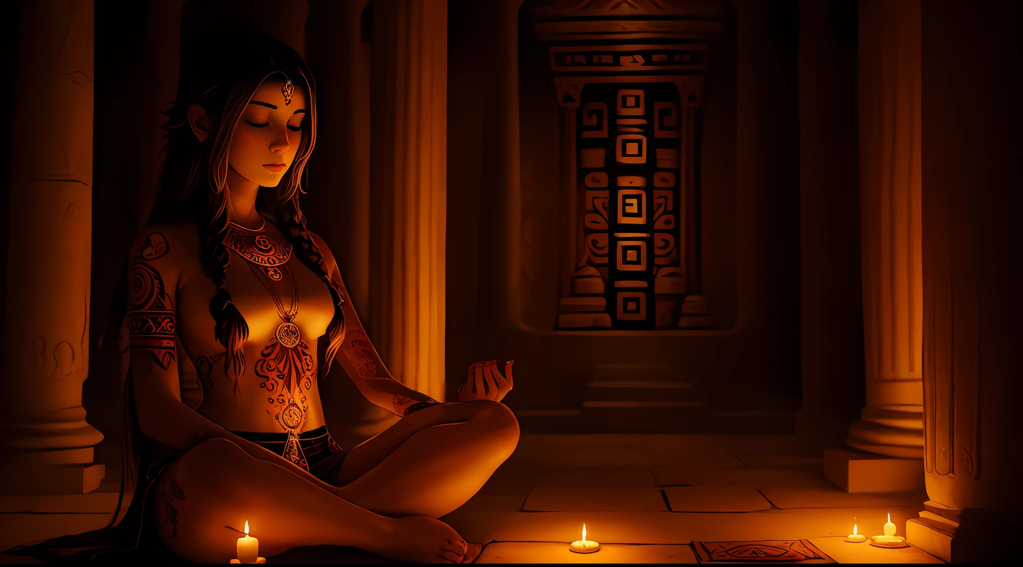 Young tantric priestess with tattoos and percings on her body meditating in a temple --auto